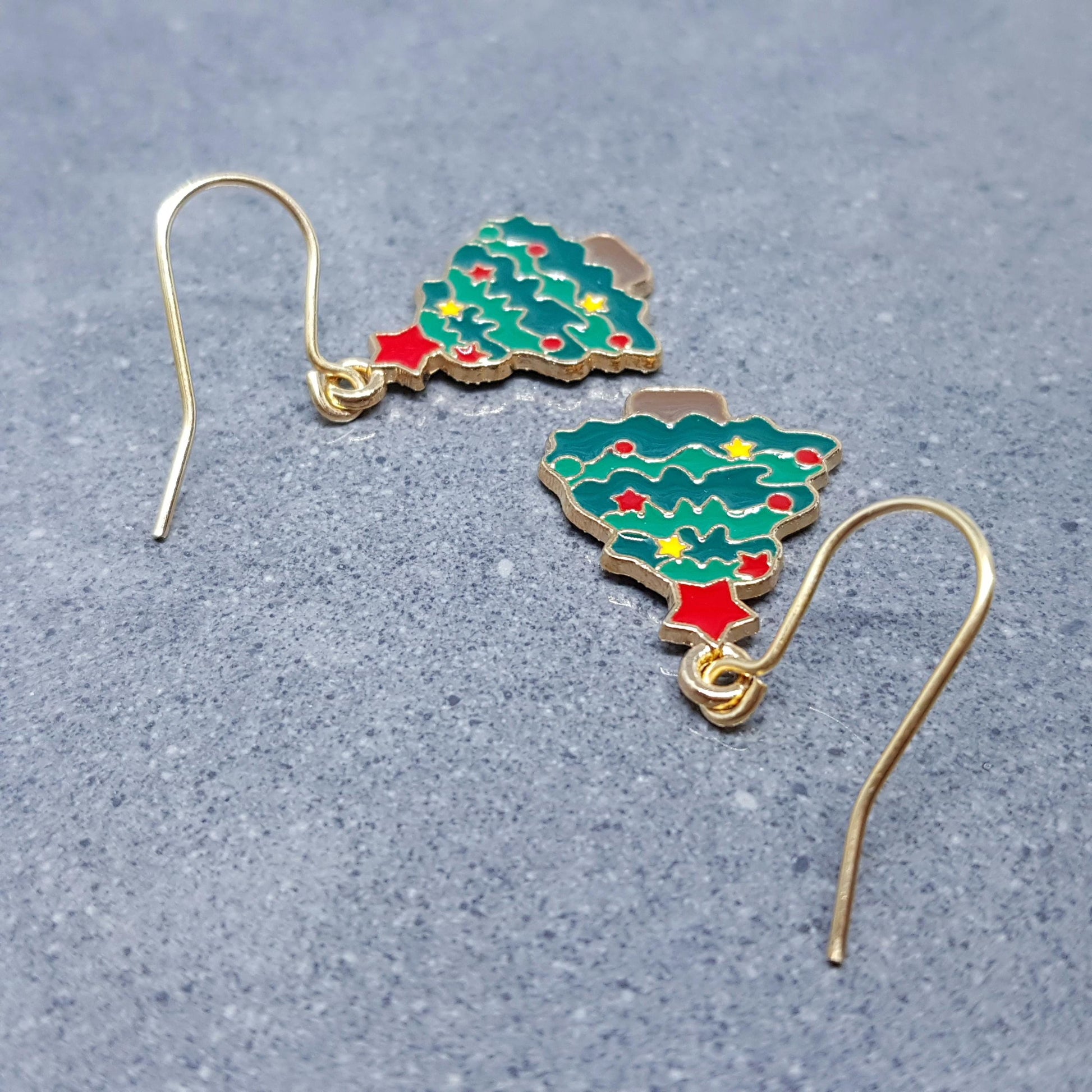 Christmas Tree Earrings, Choice of Ear Wires, Gold Christmas Earrings, Festive Earrings, Green, Red, Yellow Enamelling, Christmas Tree