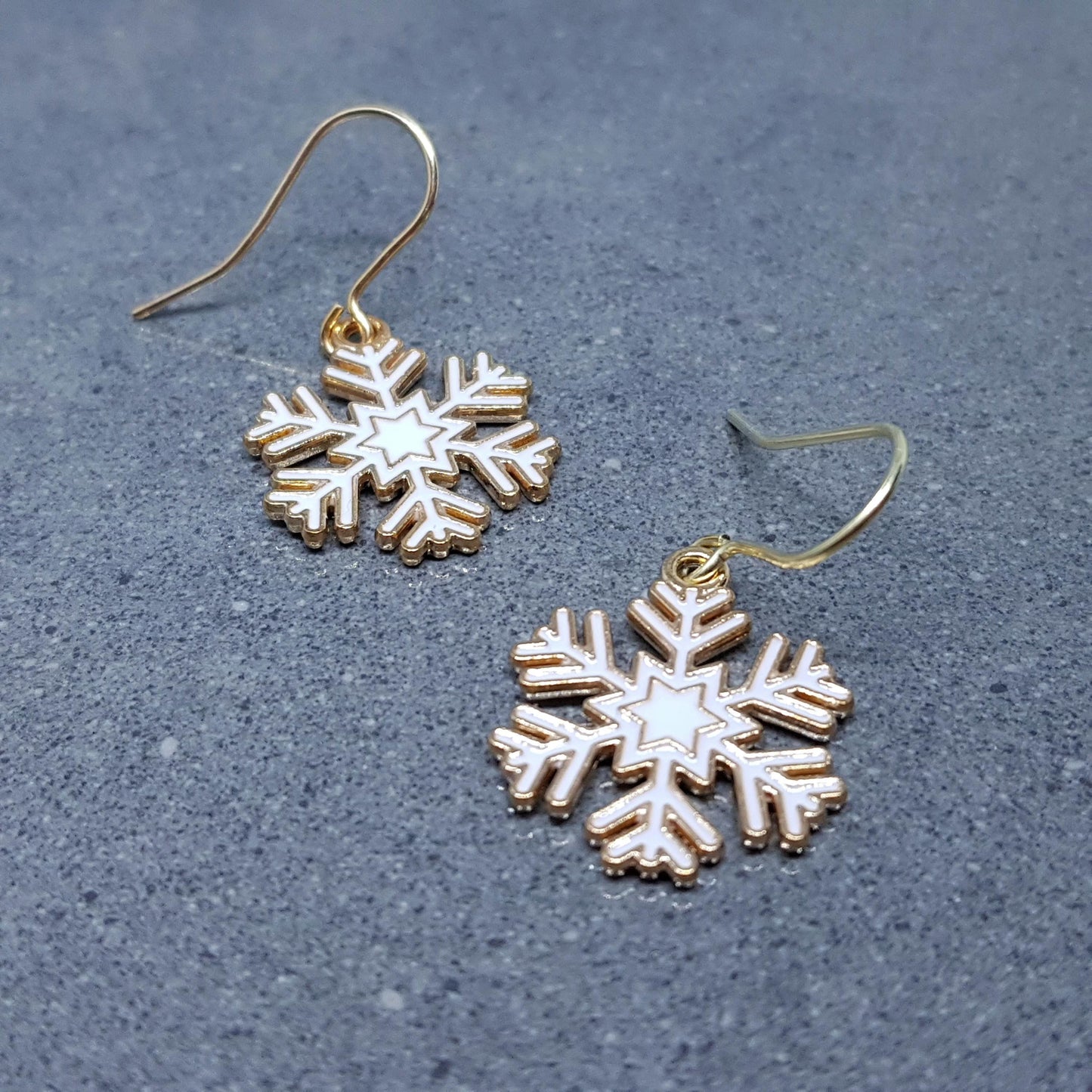 Snowflake Earrings, Hypoallergenic Ear Wires, Gold Snowflake Earrings, Christmas Earrings, White Enamel Earrings, Festive Earrings