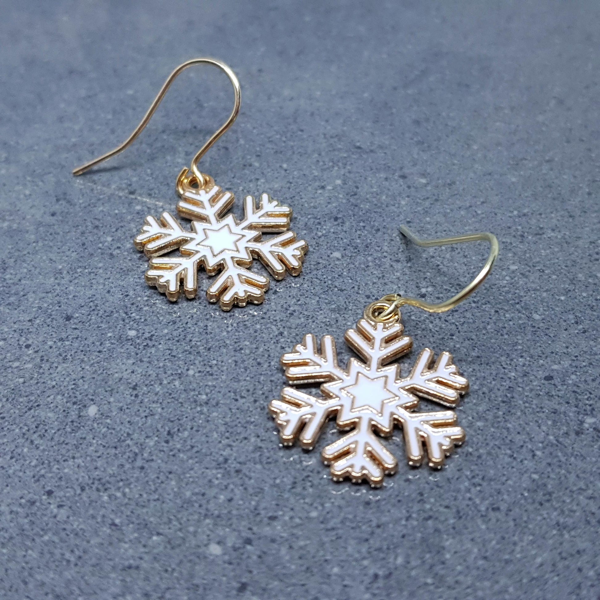 Snowflake Earrings, Hypoallergenic Ear Wires, Gold Snowflake Earrings, Christmas Earrings, White Enamel Earrings, Festive Earrings