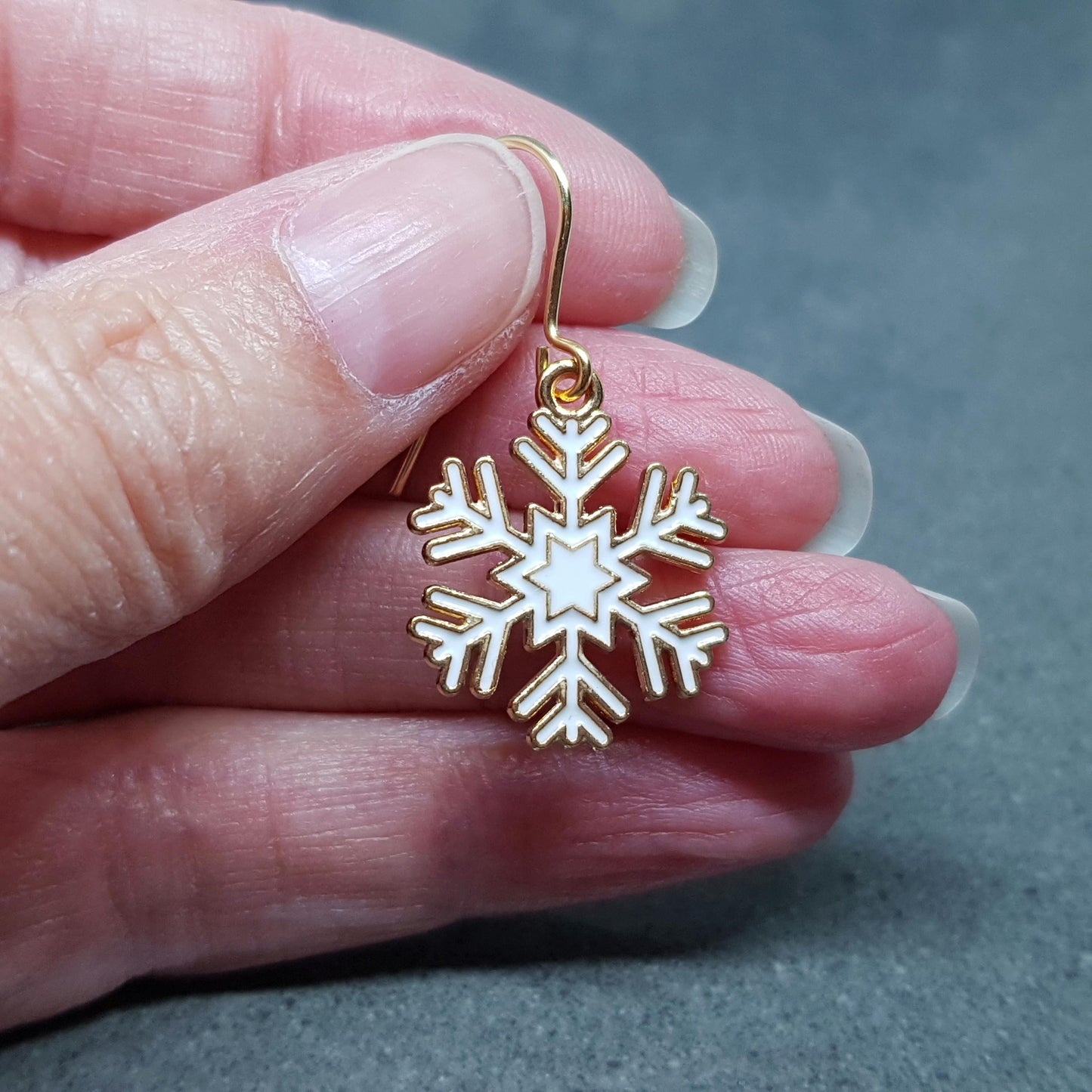 Snowflake Earrings, Hypoallergenic Ear Wires, Gold Snowflake Earrings, Christmas Earrings, White Enamel Earrings, Festive Earrings