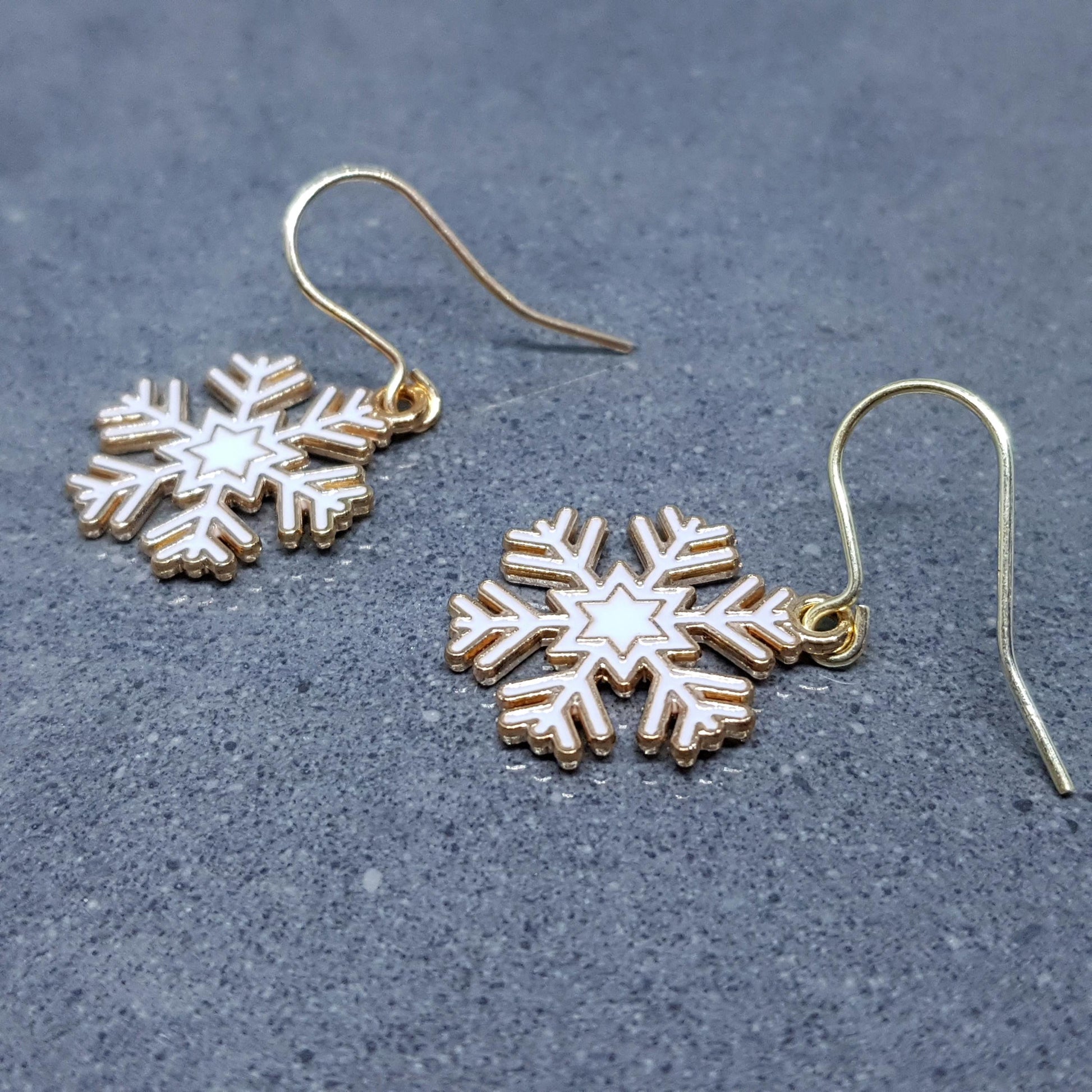 Snowflake Earrings, Hypoallergenic Ear Wires, Gold Snowflake Earrings, Christmas Earrings, White Enamel Earrings, Festive Earrings