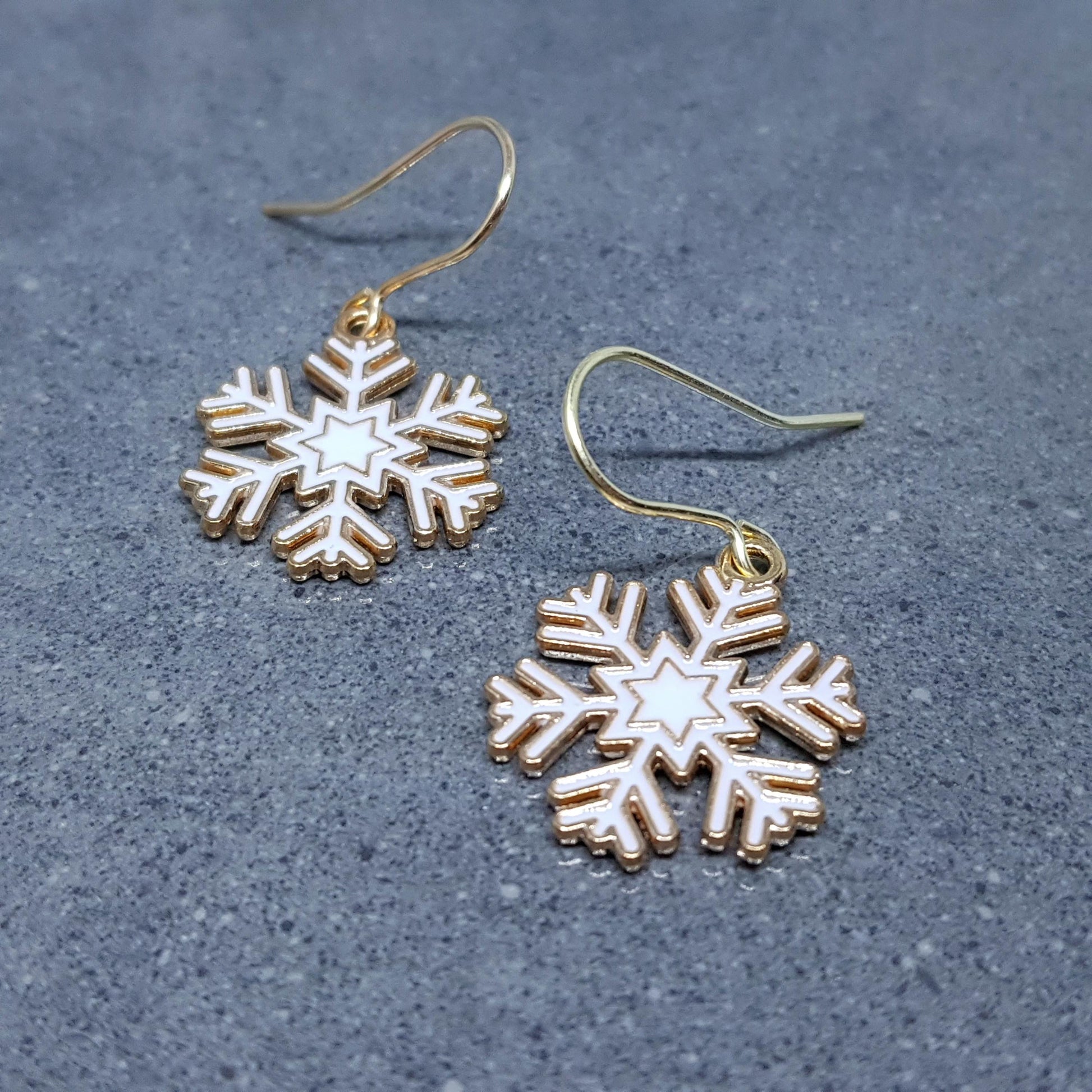 Snowflake Earrings, Hypoallergenic Ear Wires, Gold Snowflake Earrings, Christmas Earrings, White Enamel Earrings, Festive Earrings