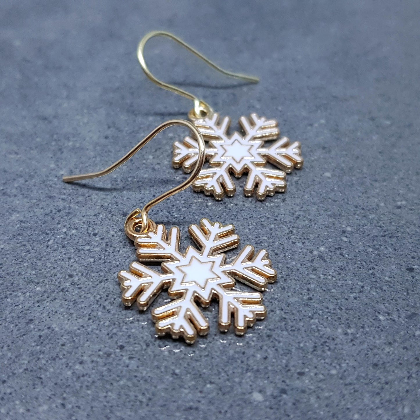 Snowflake Earrings, Hypoallergenic Ear Wires, Gold Snowflake Earrings, Christmas Earrings, White Enamel Earrings, Festive Earrings
