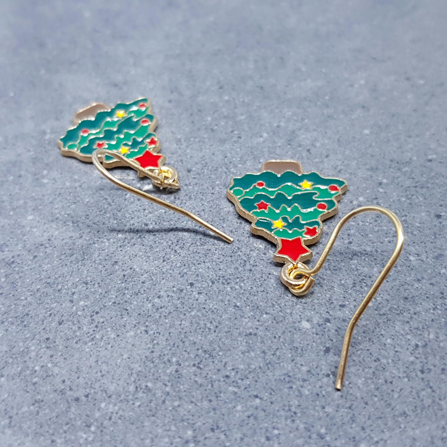 Christmas Tree Earrings, Choice of Ear Wires, Gold Christmas Earrings, Festive Earrings, Green, Red, Yellow Enamelling, Christmas Tree