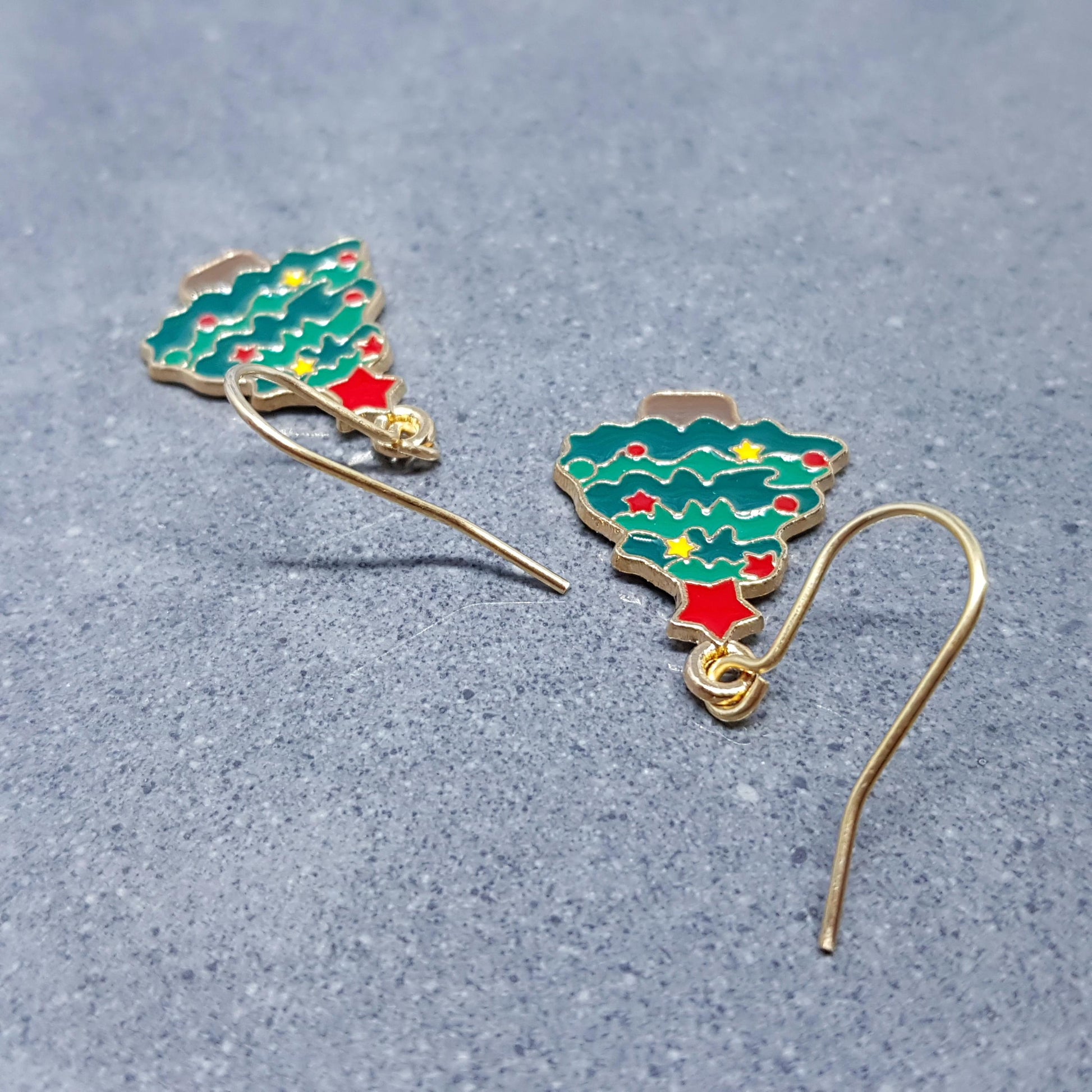 Christmas Tree Earrings, Choice of Ear Wires, Gold Christmas Earrings, Festive Earrings, Green, Red, Yellow Enamelling, Christmas Tree
