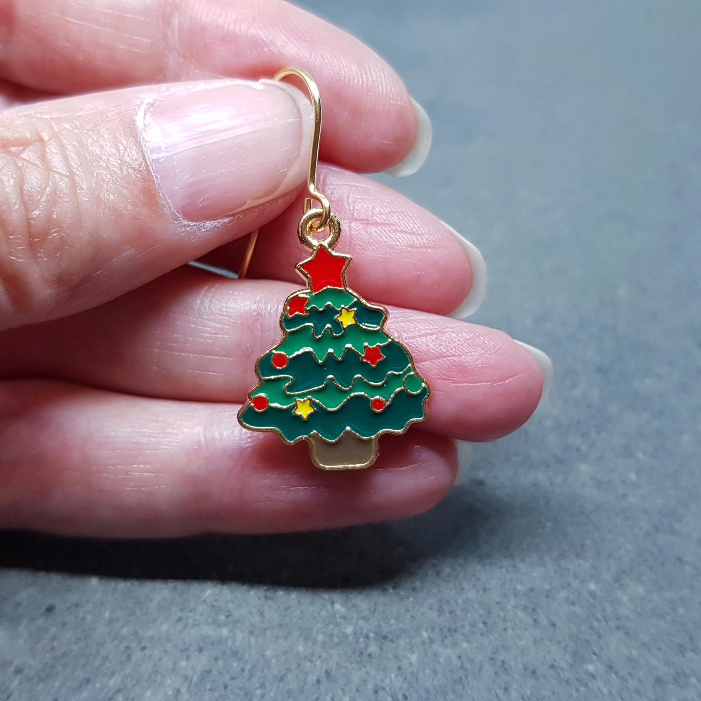 Christmas Tree Earrings, Choice of Ear Wires, Gold Christmas Earrings, Festive Earrings, Green, Red, Yellow Enamelling, Christmas Tree