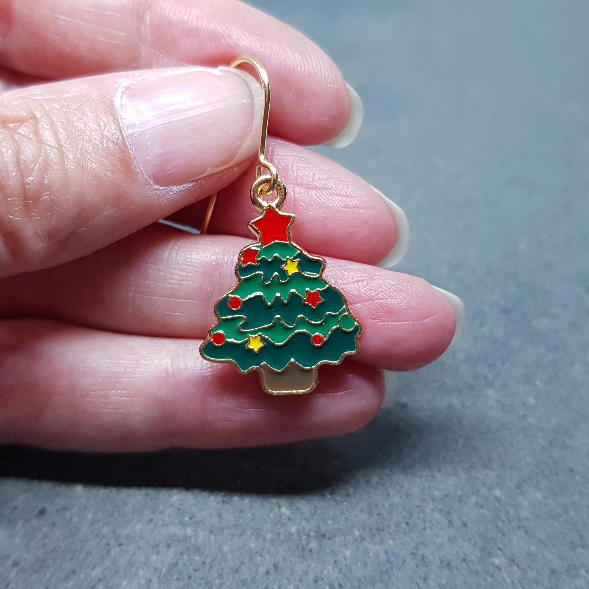 Christmas Tree Earrings, Choice of Ear Wires, Gold Christmas Earrings, Festive Earrings, Green, Red, Yellow Enamelling, Christmas Tree
