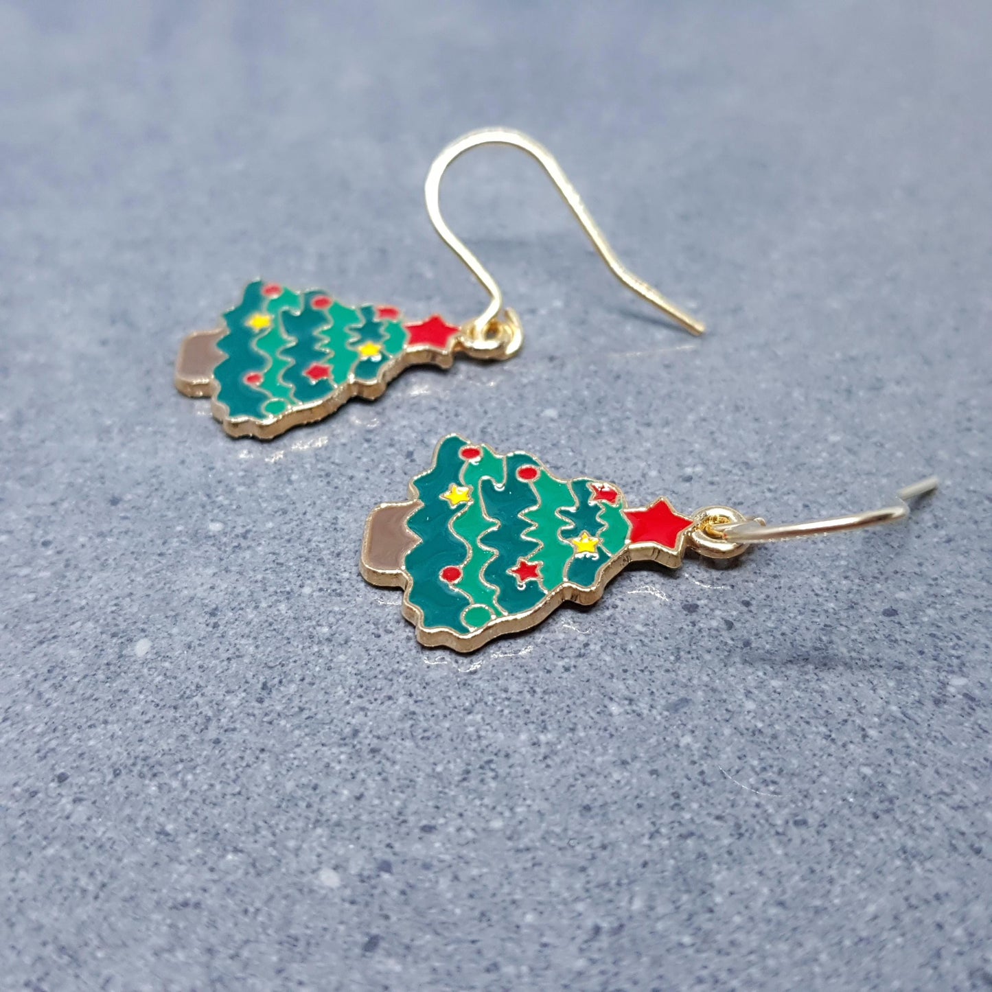 Christmas Tree Earrings, Choice of Ear Wires, Gold Christmas Earrings, Festive Earrings, Green, Red, Yellow Enamelling, Christmas Tree