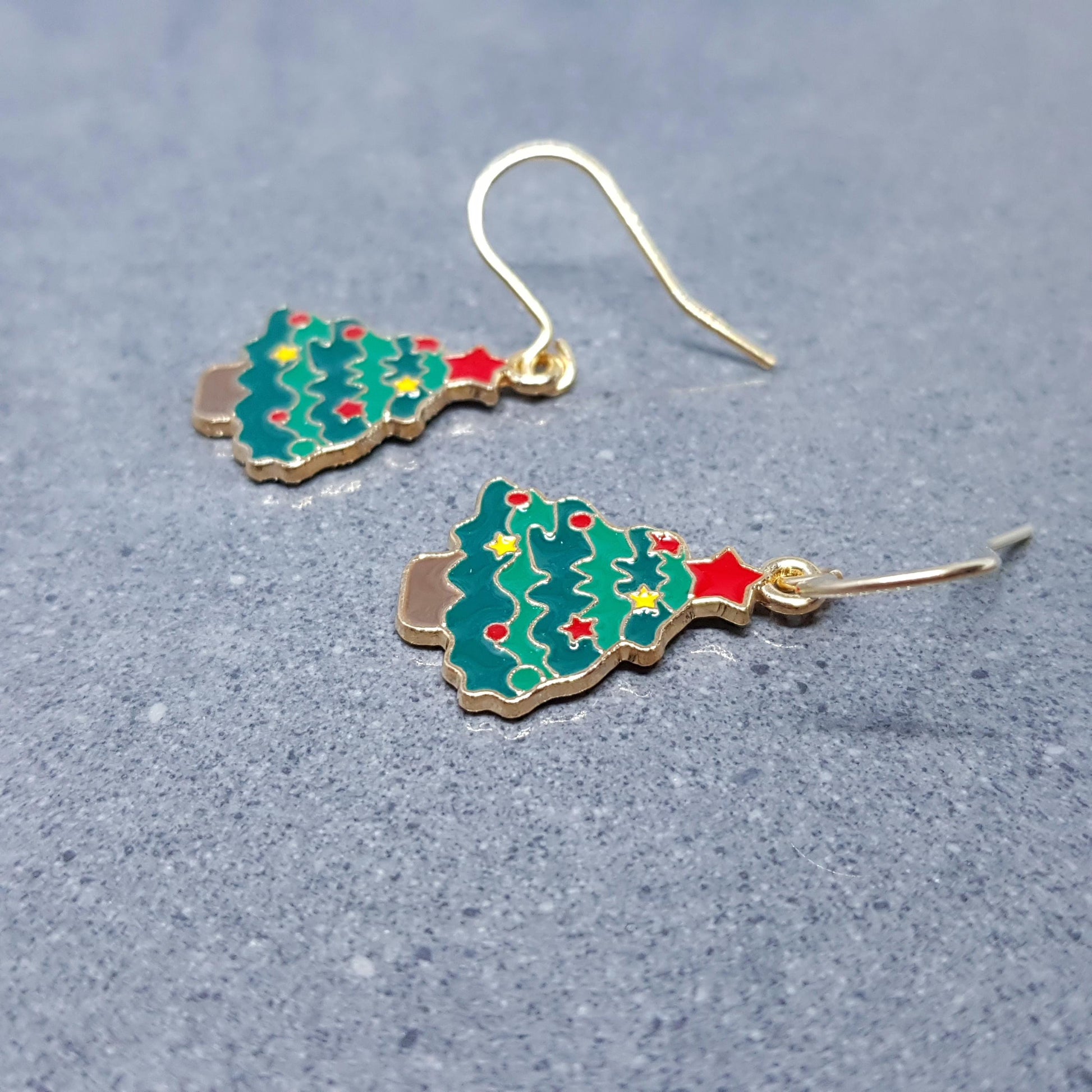 Christmas Tree Earrings, Choice of Ear Wires, Gold Christmas Earrings, Festive Earrings, Green, Red, Yellow Enamelling, Christmas Tree