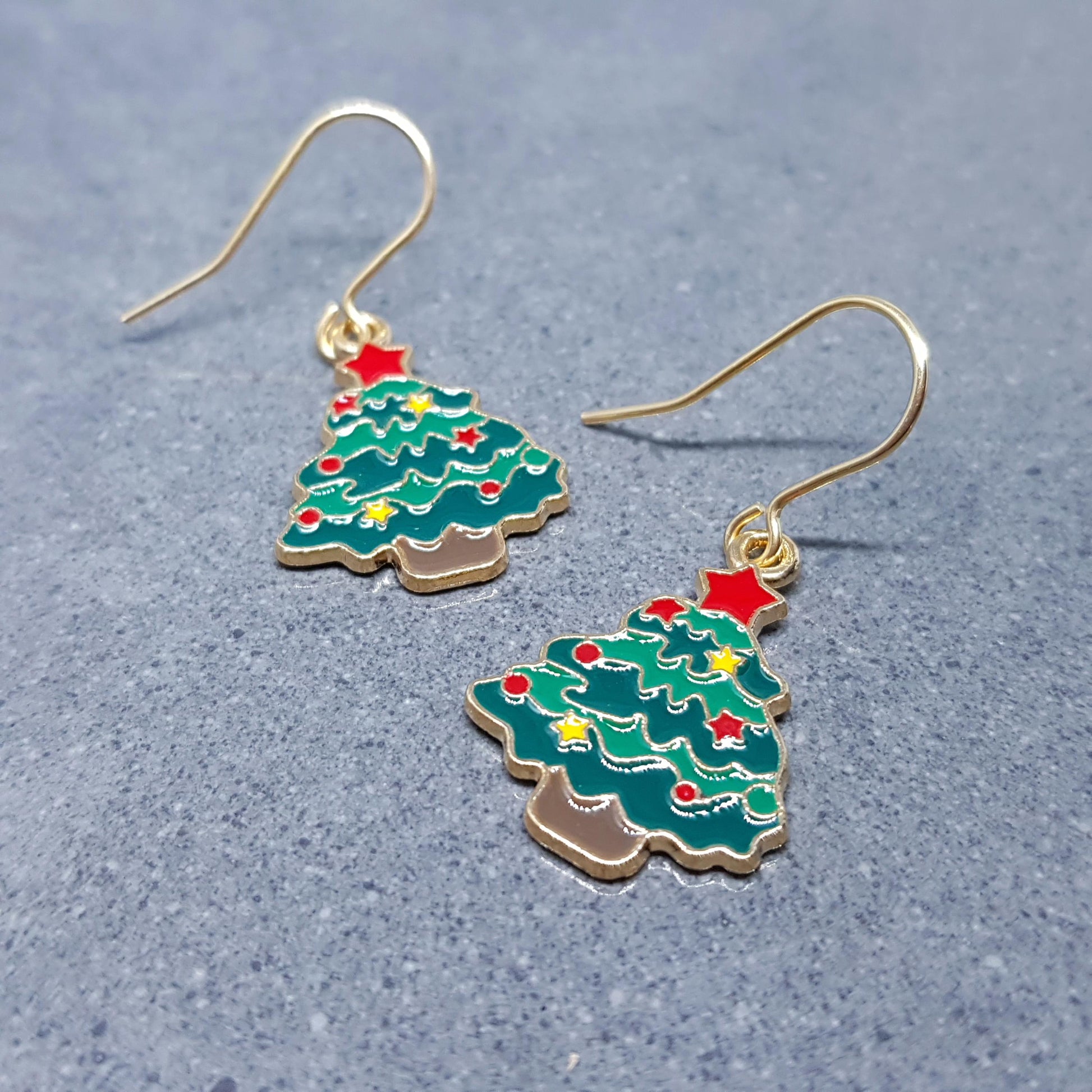 Christmas Tree Earrings, Choice of Ear Wires, Gold Christmas Earrings, Festive Earrings, Green, Red, Yellow Enamelling, Christmas Tree