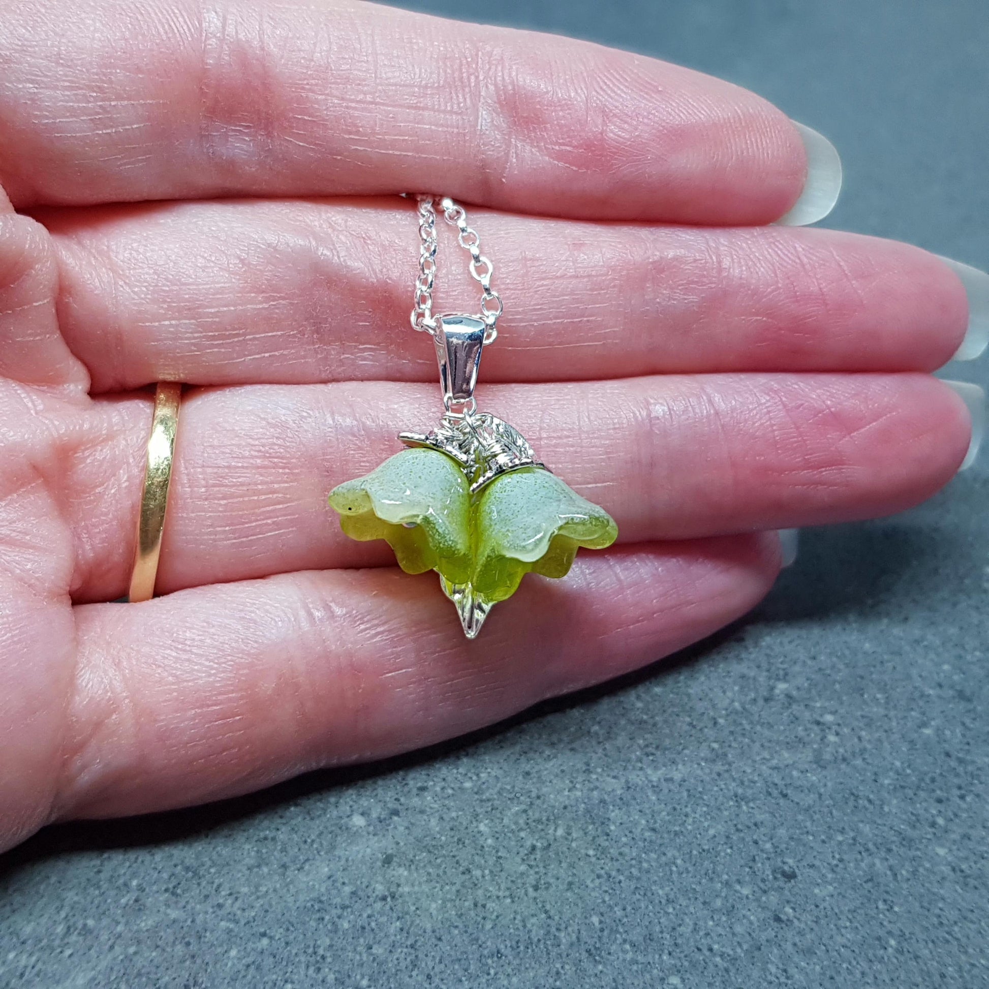 Flower Necklace, Glass Flowers, Green Bellflower, Special Occasion Earrings, Flower Earrings, Matching Earrings Available