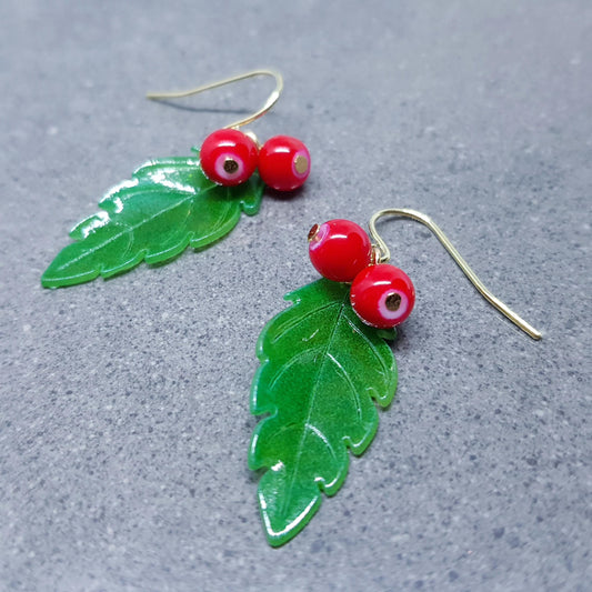 Glass Holly Earrings, Berry Earrings, Choice of Ear Wires, Glass Jewelry, Winter Earrings, Christmas Jewelry
