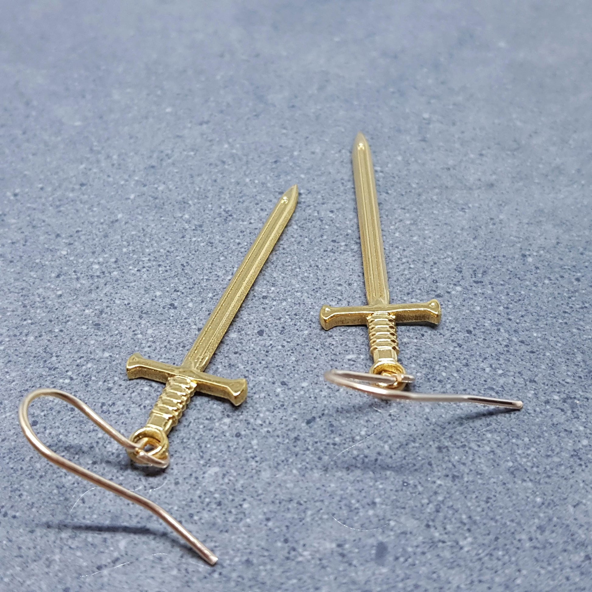 Sword Earrings, Miniature Sword, Choice of Ear Wires, Real 18K Gold Plated, Stainless Steel, Cosplay Jewellery, Gothic, Come as a Pair