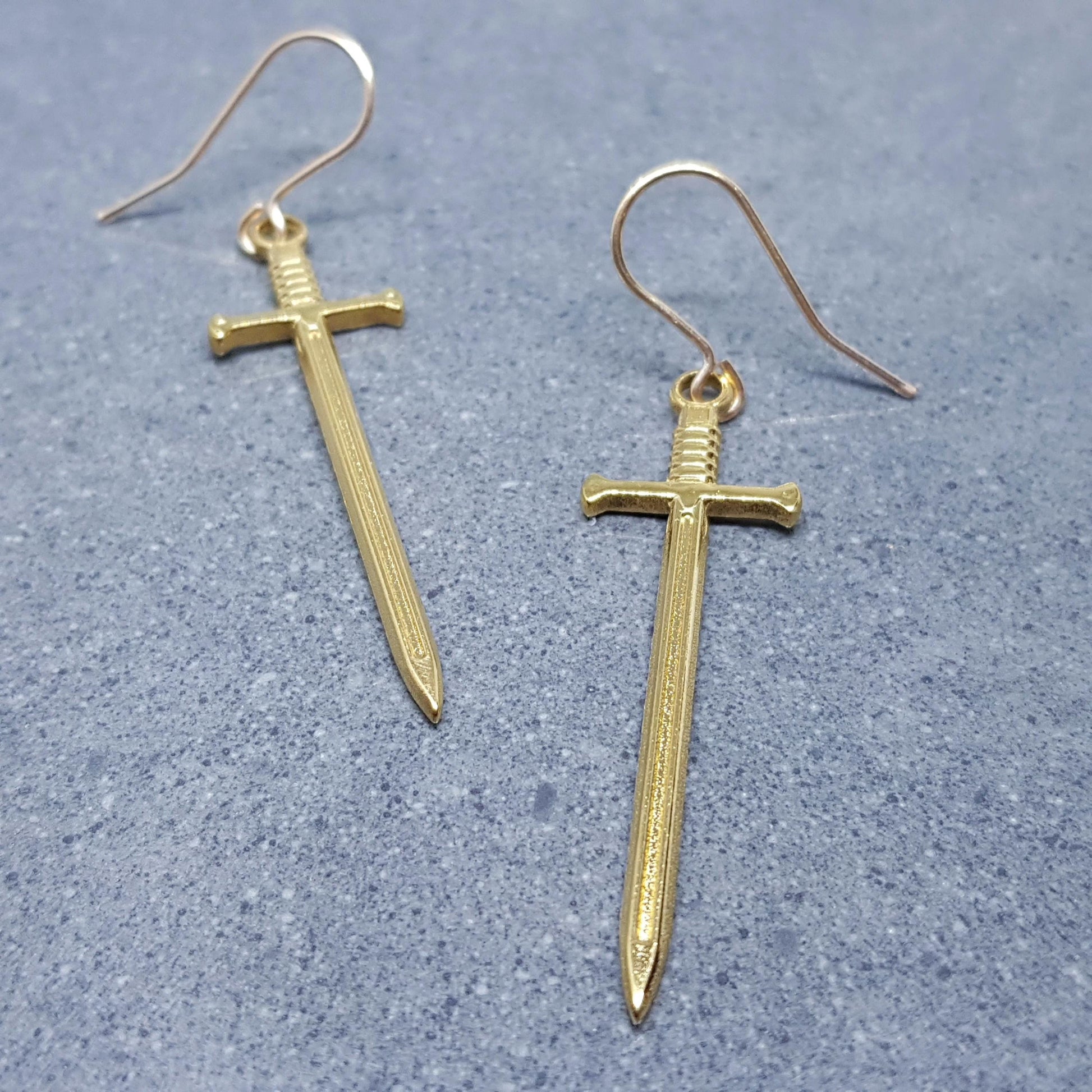 Sword Earrings, Miniature Sword, Choice of Ear Wires, Real 18K Gold Plated, Stainless Steel, Cosplay Jewellery, Gothic, Come as a Pair