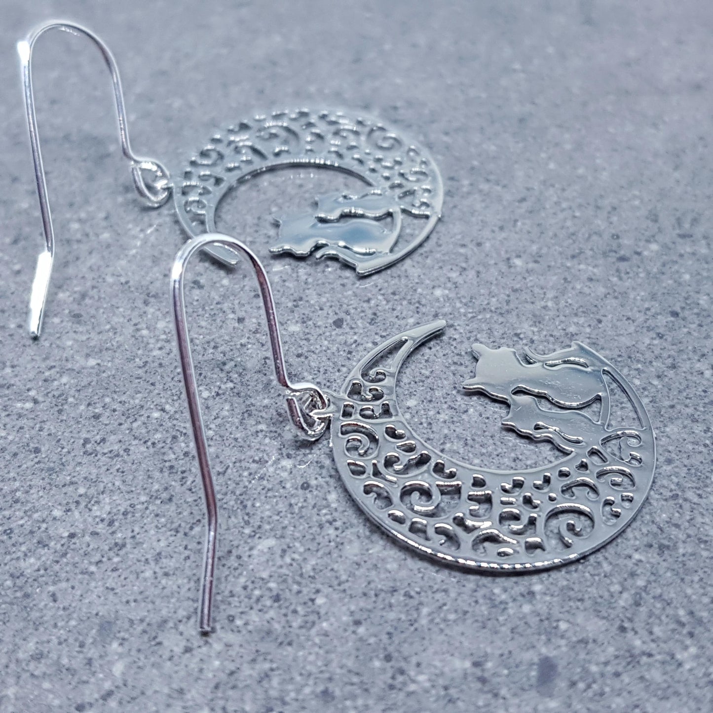 Crescent Moon with Cats Earrings, Hypoallergenic Earrings, Silver Plated Brass Earrings, Moon Jewelry, Cat Earrings, Cat in the Moon