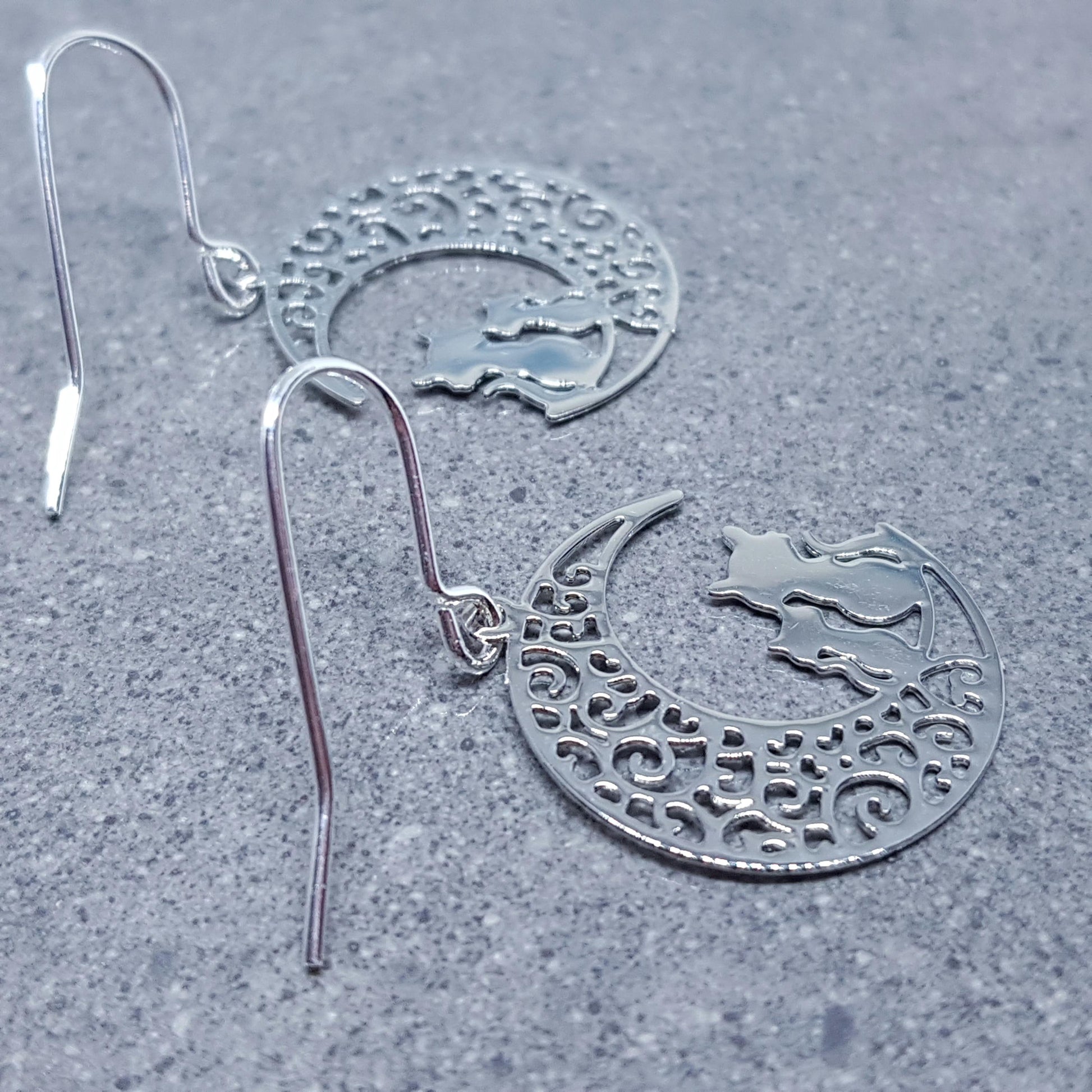 Crescent Moon with Cats Earrings, Hypoallergenic Earrings, Silver Plated Brass Earrings, Moon Jewelry, Cat Earrings, Cat in the Moon