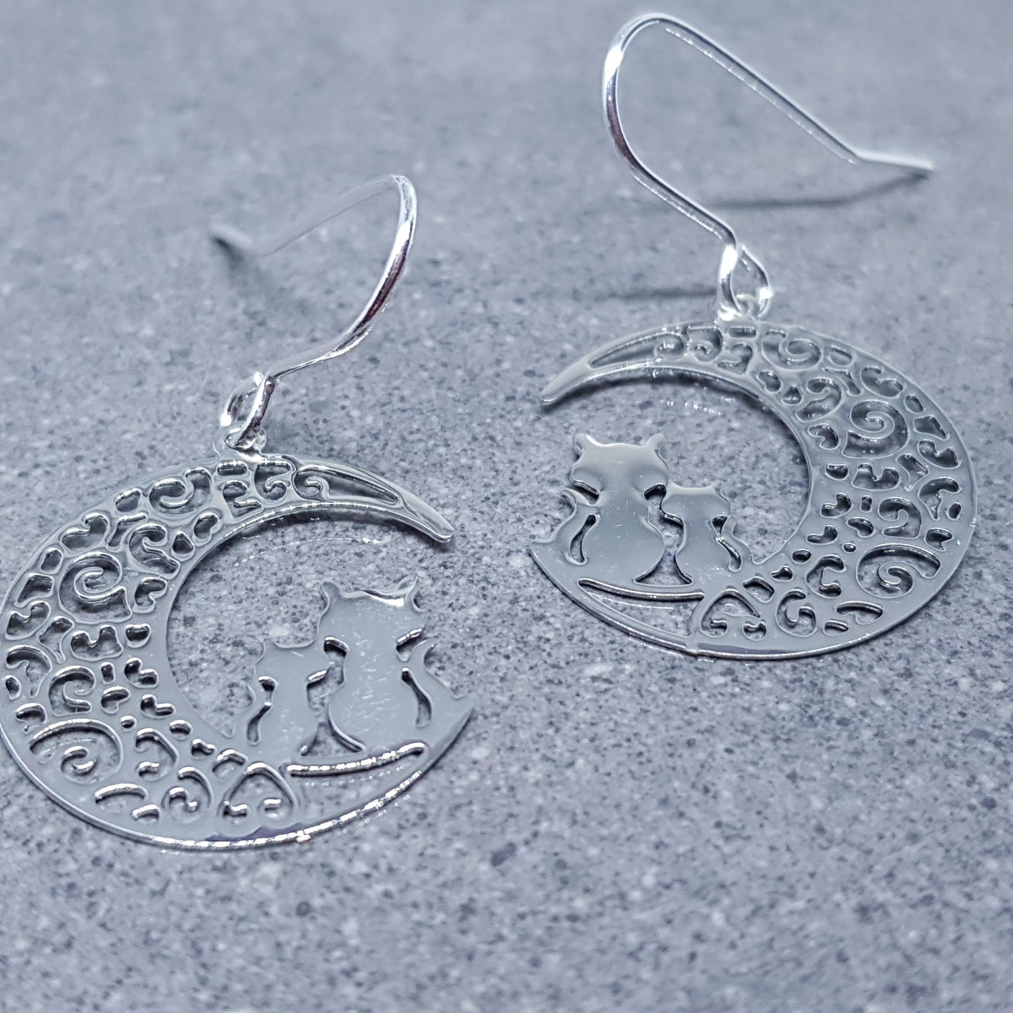 Crescent Moon with Cats Earrings, Hypoallergenic Earrings, Silver Plated Brass Earrings, Moon Jewelry, Cat Earrings, Cat in the Moon