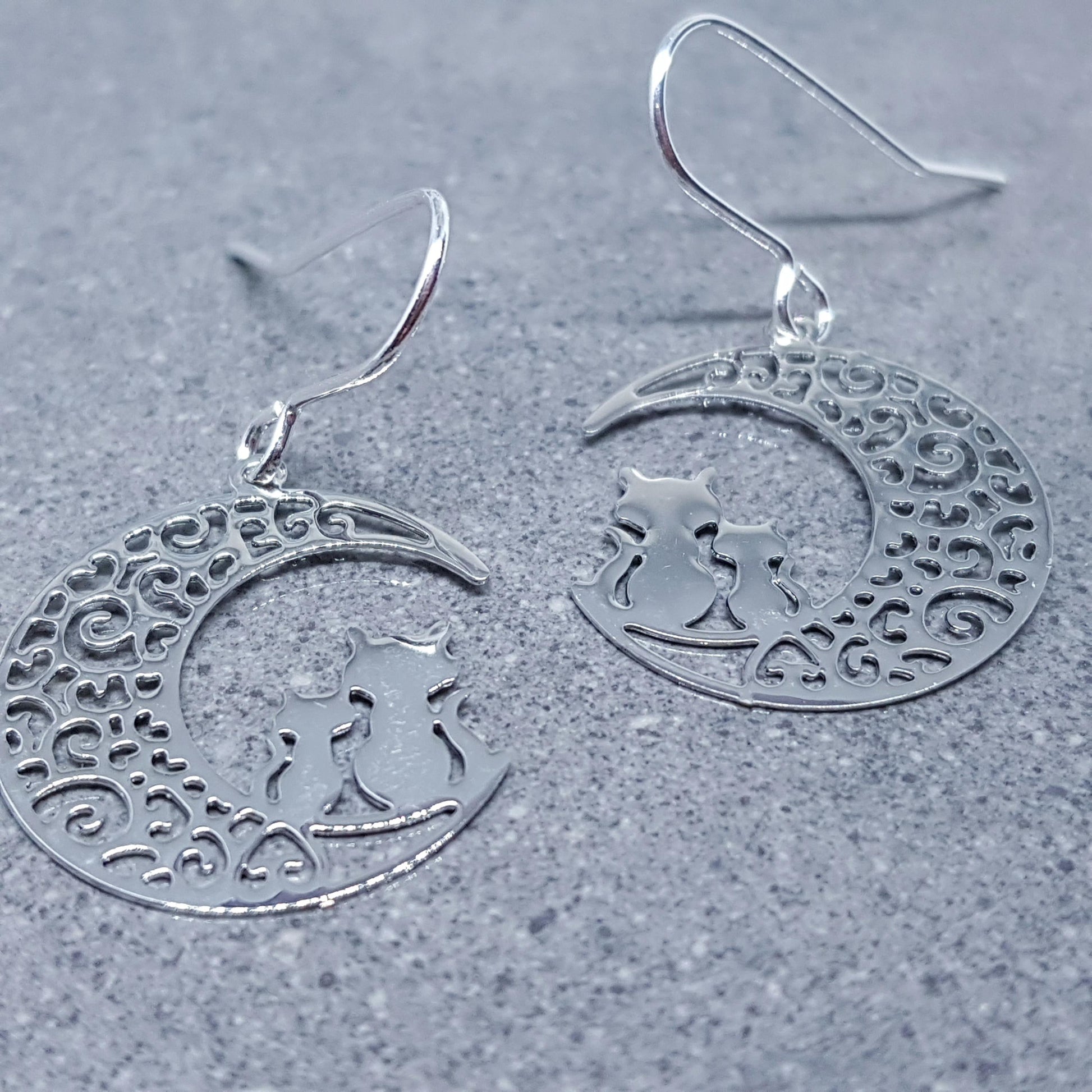 Crescent Moon with Cats Earrings, Hypoallergenic Earrings, Silver Plated Brass Earrings, Moon Jewelry, Cat Earrings, Cat in the Moon