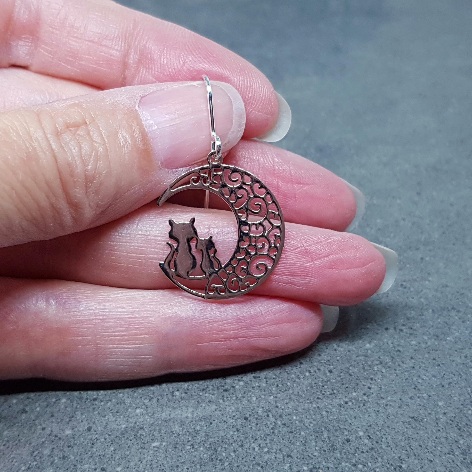 Crescent Moon with Cats Earrings, Hypoallergenic Earrings, Silver Plated Brass Earrings, Moon Jewelry, Cat Earrings, Cat in the Moon