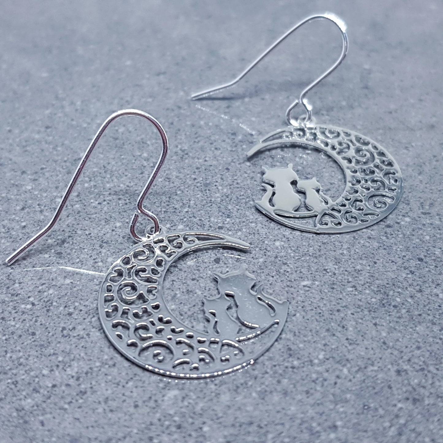 Crescent Moon with Cats Earrings, Hypoallergenic Earrings, Silver Plated Brass Earrings, Moon Jewelry, Cat Earrings, Cat in the Moon
