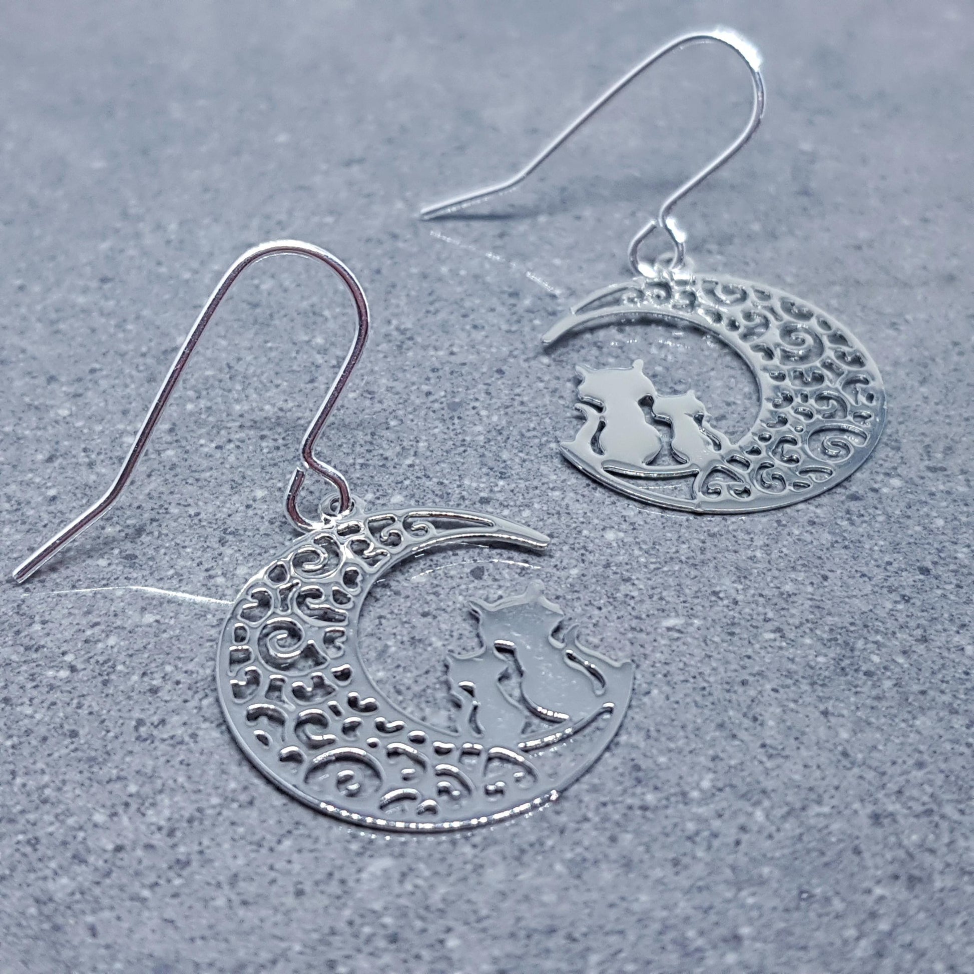 Crescent Moon with Cats Earrings, Hypoallergenic Earrings, Silver Plated Brass Earrings, Moon Jewelry, Cat Earrings, Cat in the Moon