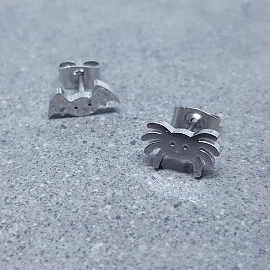 Spider and Bat Earrings, Stainless Steel Ear Studs, Hypoallergenic Earrings, Silver Earrings, Halloween Earrings, Spooky Earrings