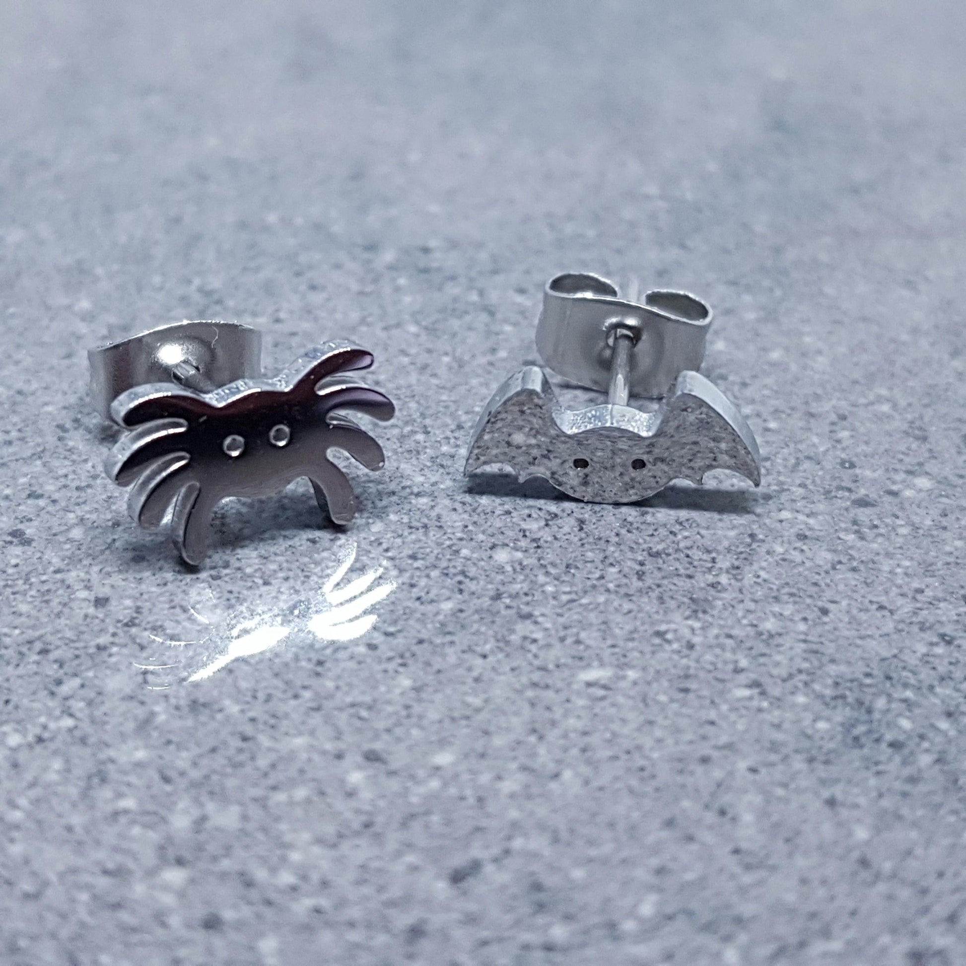 Spider and Bat Earrings, Stainless Steel Ear Studs, Hypoallergenic Earrings, Silver Earrings, Halloween Earrings, Spooky Earrings