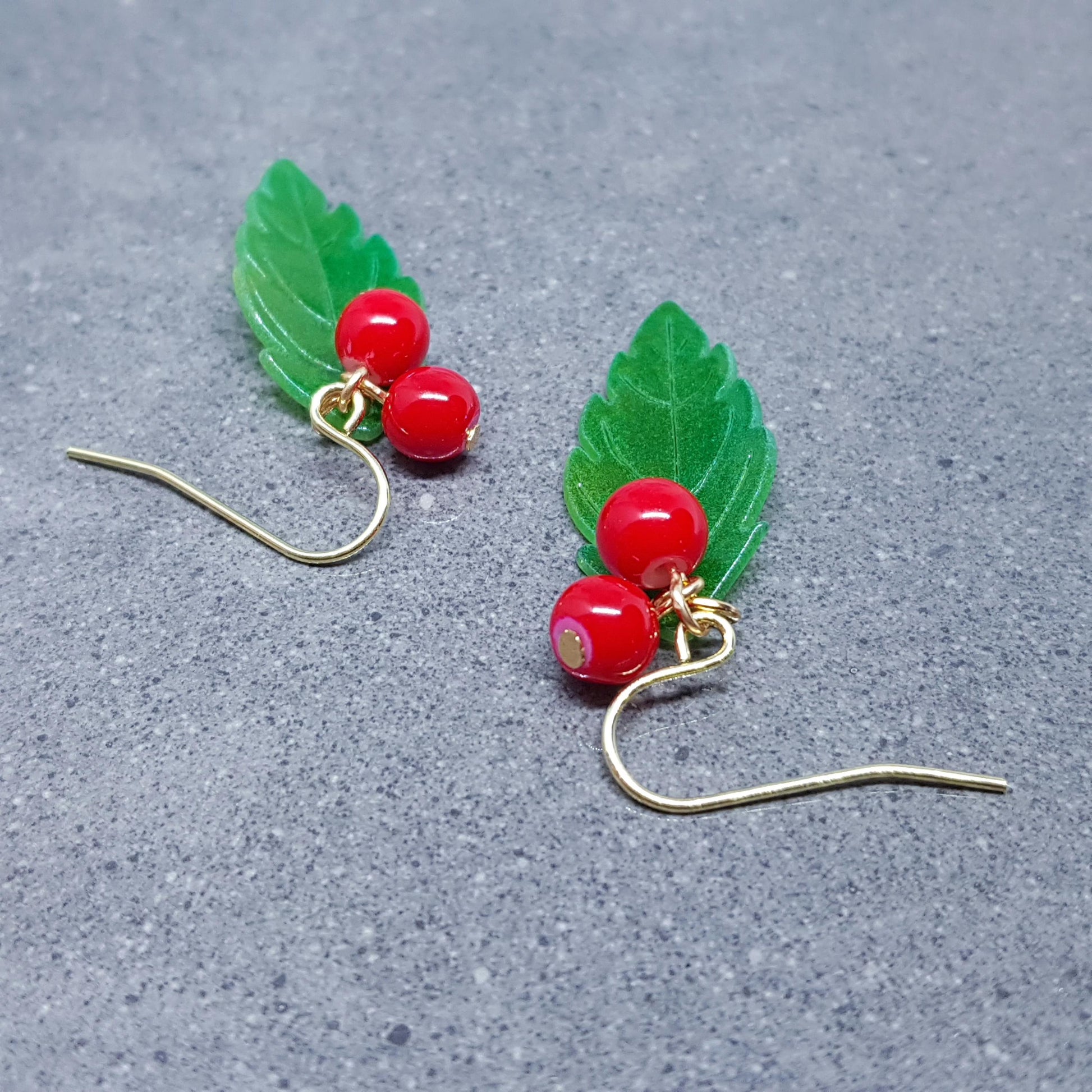 Glass Holly Earrings, Berry Earrings, Choice of Ear Wires, Glass Jewelry, Winter Earrings, Christmas Jewelry