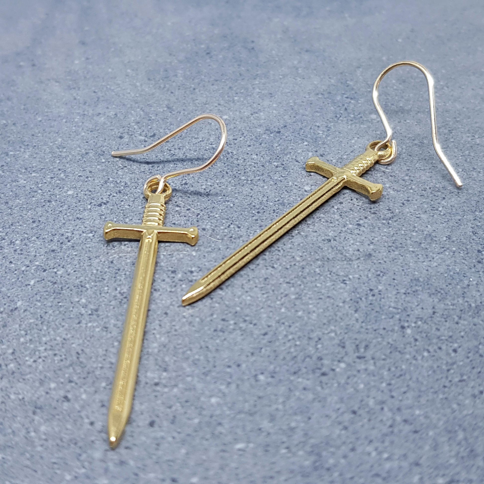 Sword Earrings, Miniature Sword, Choice of Ear Wires, Real 18K Gold Plated, Stainless Steel, Cosplay Jewellery, Gothic, Come as a Pair