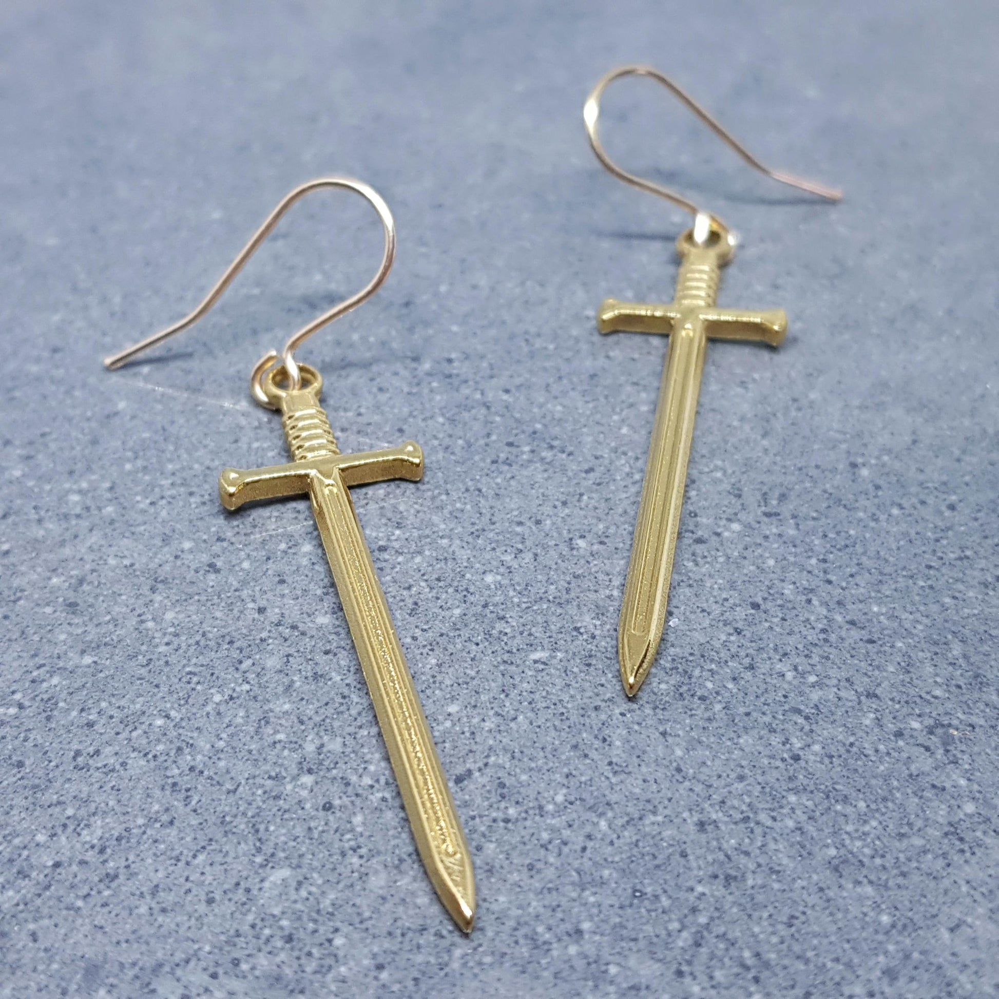 Sword Earrings, Miniature Sword, Choice of Ear Wires, Real 18K Gold Plated, Stainless Steel, Cosplay Jewellery, Gothic, Come as a Pair