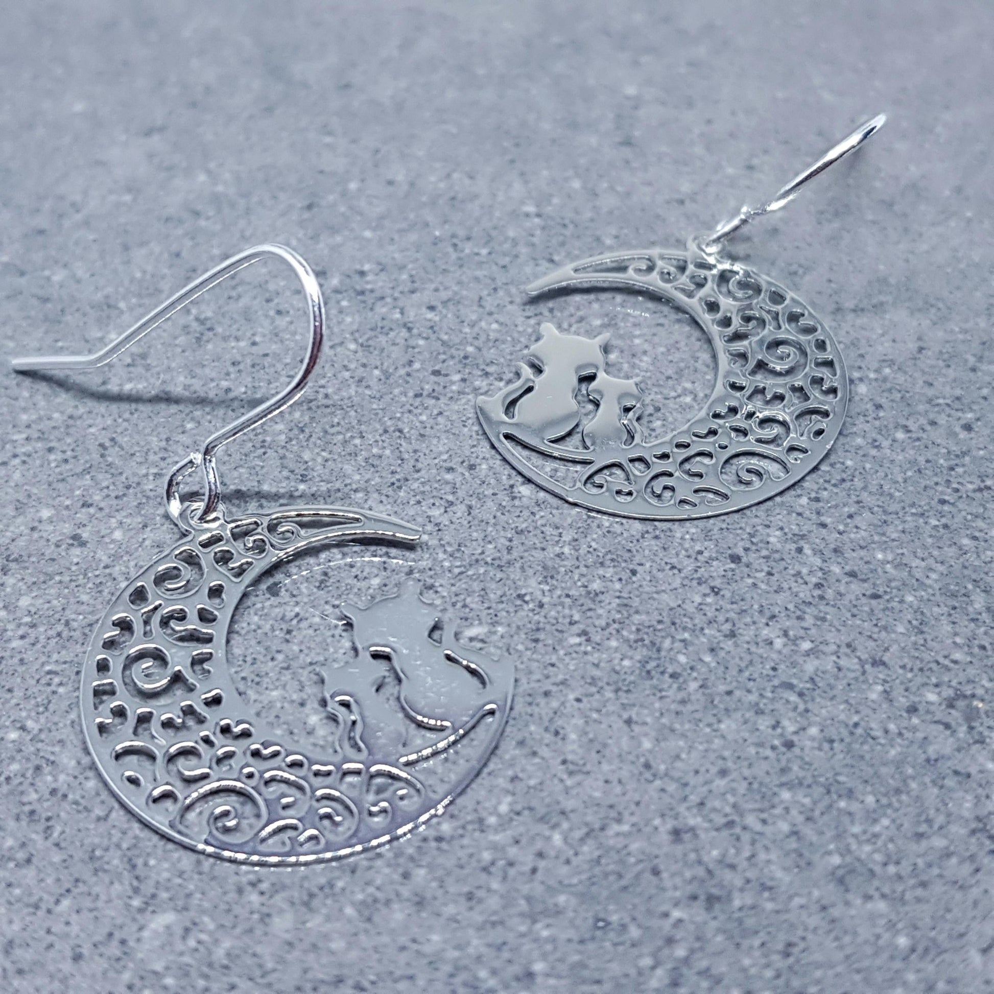 Crescent Moon with Cats Earrings, Hypoallergenic Earrings, Silver Plated Brass Earrings, Moon Jewelry, Cat Earrings, Cat in the Moon