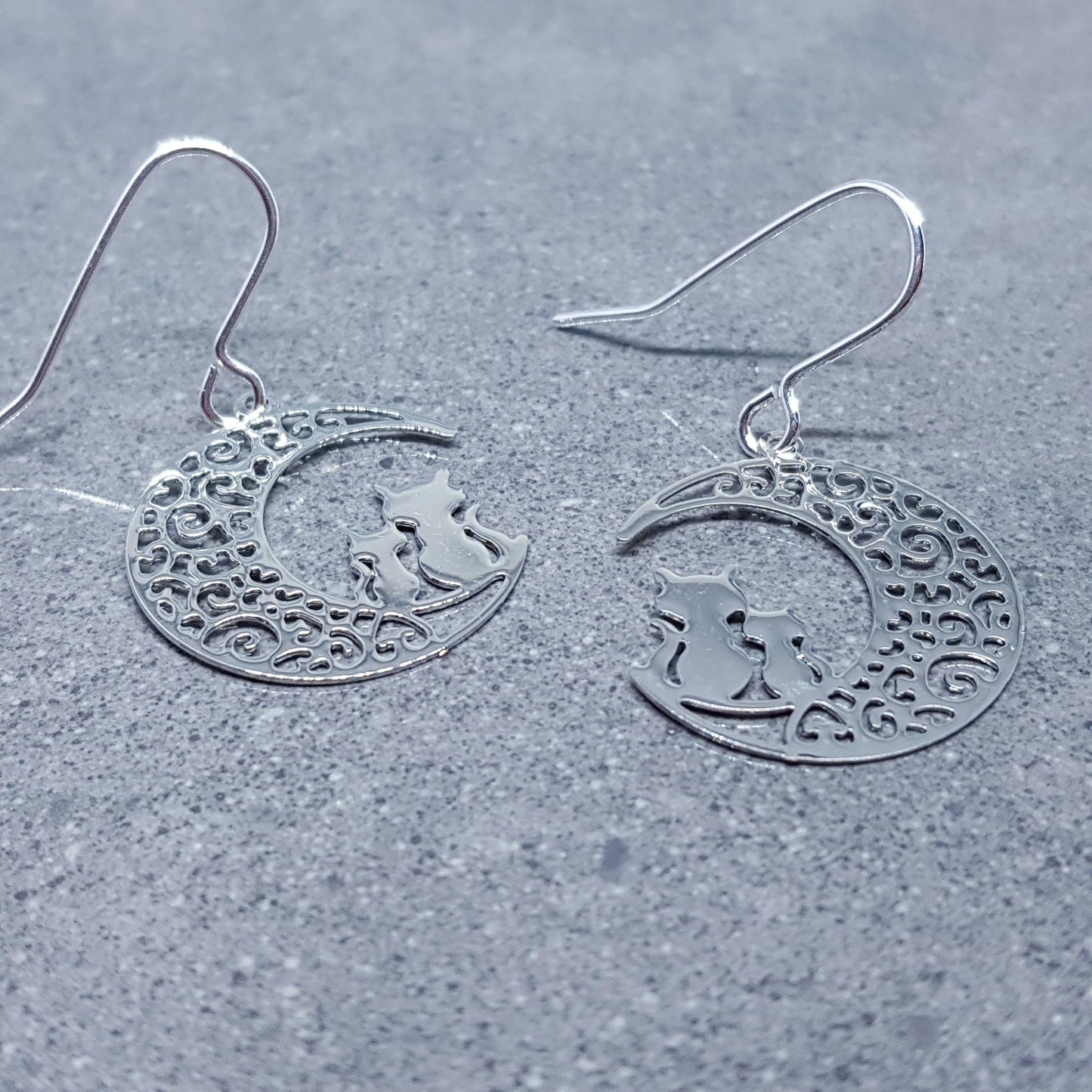 Crescent Moon with Cats Earrings, Hypoallergenic Earrings, Silver Plated Brass Earrings, Moon Jewelry, Cat Earrings, Cat in the Moon
