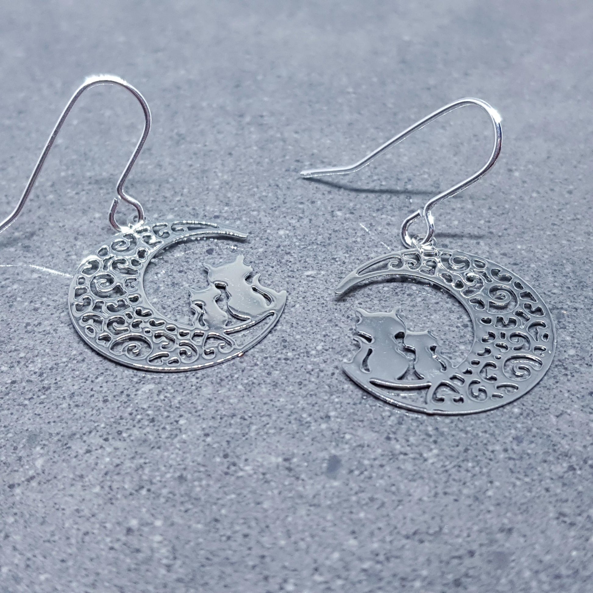 Crescent Moon with Cats Earrings, Hypoallergenic Earrings, Silver Plated Brass Earrings, Moon Jewelry, Cat Earrings, Cat in the Moon