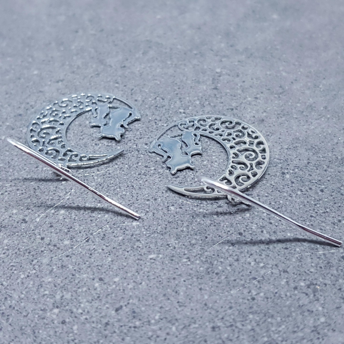 Crescent Moon with Cats Earrings, Hypoallergenic Earrings, Silver Plated Brass Earrings, Moon Jewelry, Cat Earrings, Cat in the Moon