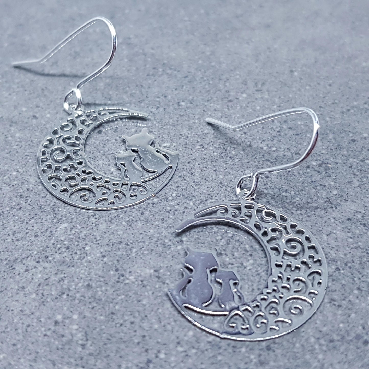 Crescent Moon with Cats Earrings, Hypoallergenic Earrings, Silver Plated Brass Earrings, Moon Jewelry, Cat Earrings, Cat in the Moon