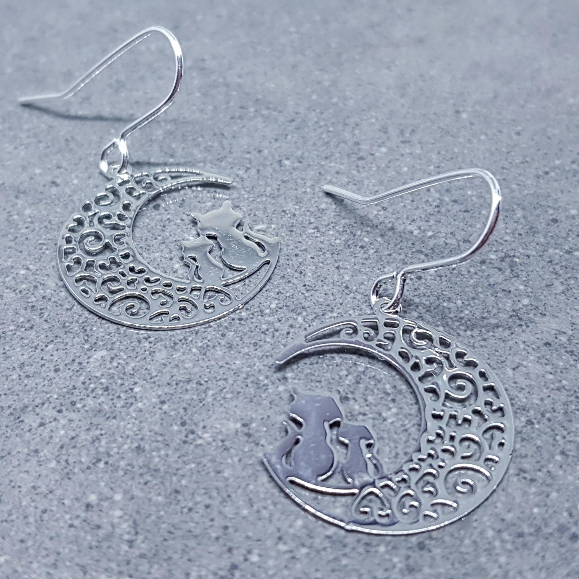 Crescent Moon with Cats Earrings, Hypoallergenic Earrings, Silver Plated Brass Earrings, Moon Jewelry, Cat Earrings, Cat in the Moon