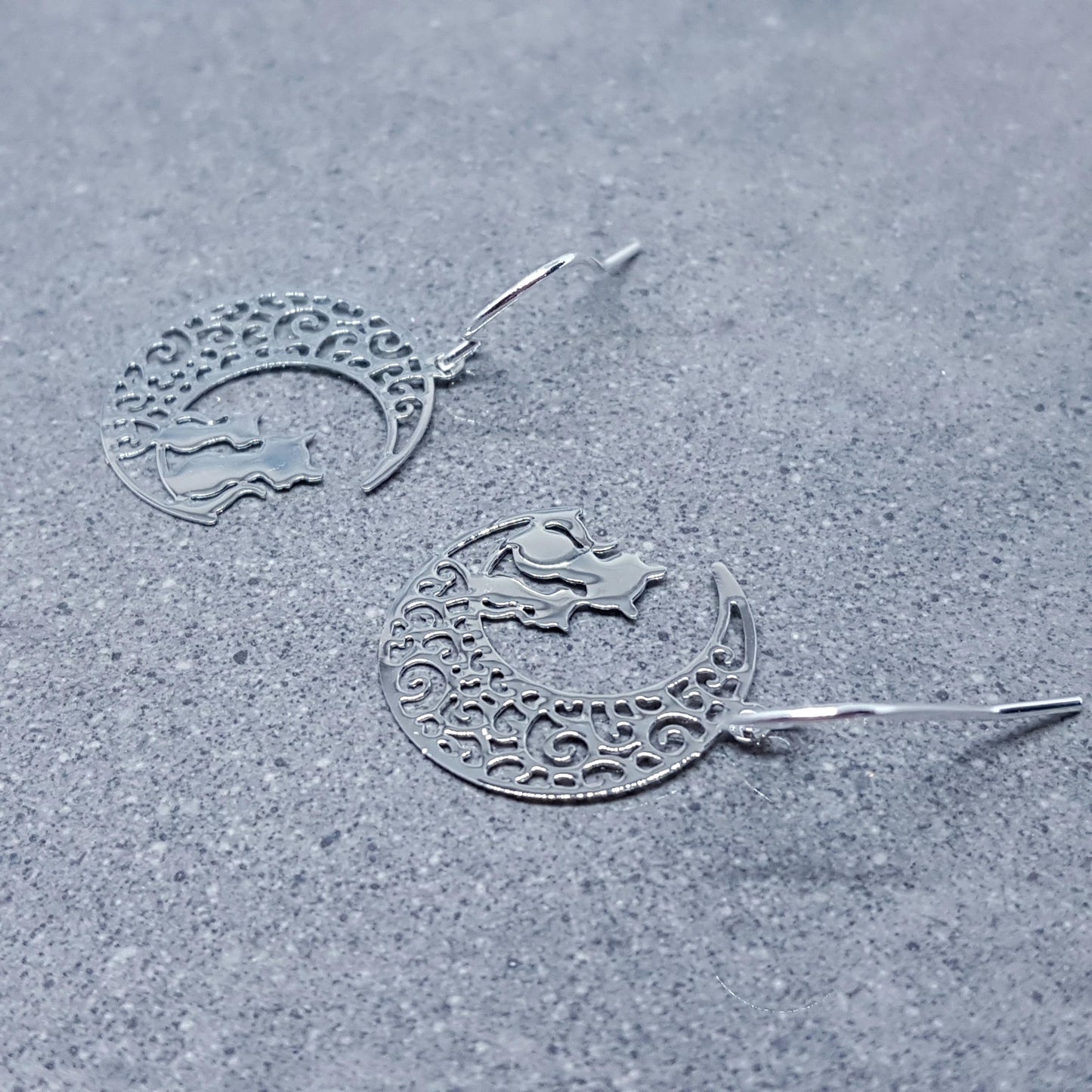 Crescent Moon with Cats Earrings, Hypoallergenic Earrings, Silver Plated Brass Earrings, Moon Jewelry, Cat Earrings, Cat in the Moon