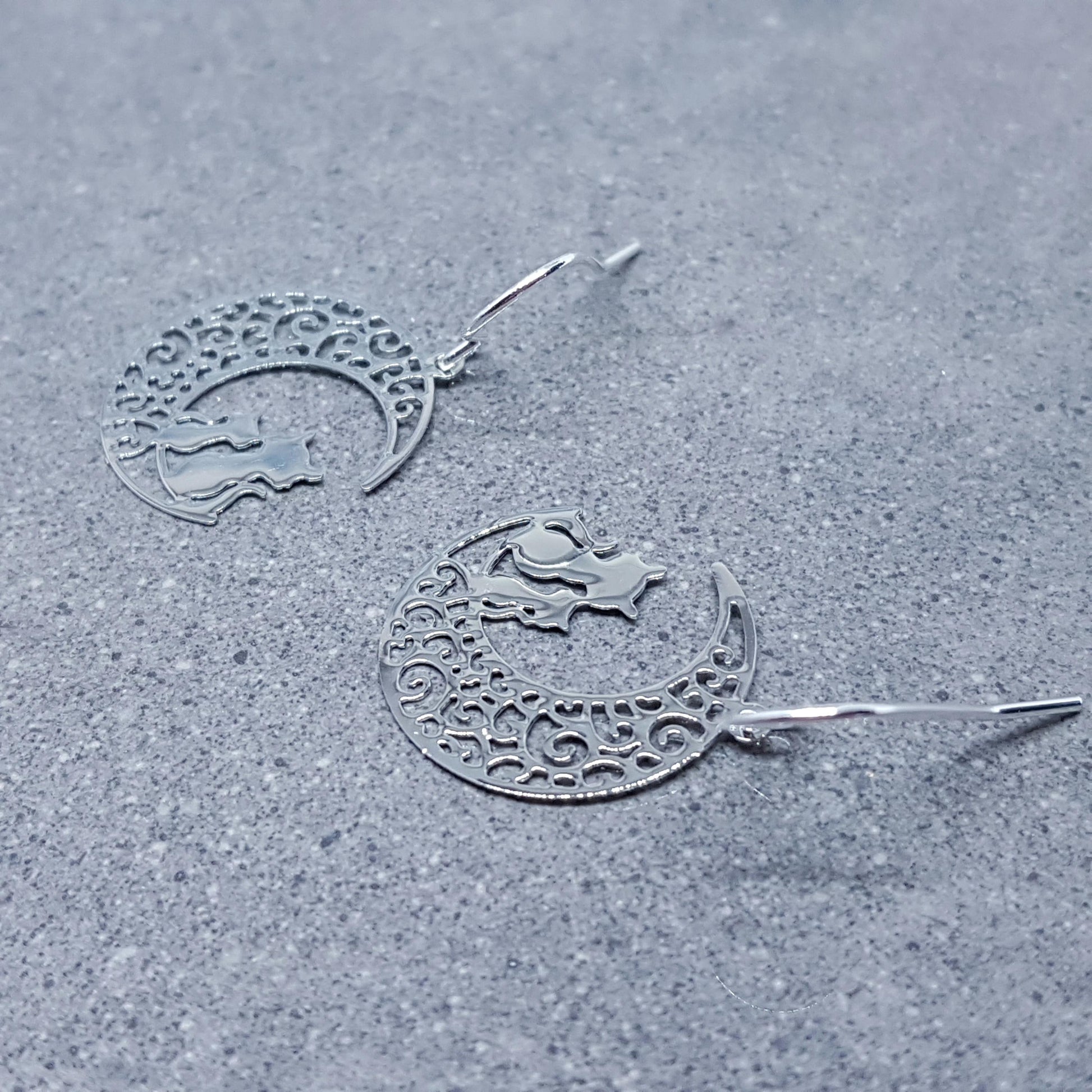 Crescent Moon with Cats Earrings, Hypoallergenic Earrings, Silver Plated Brass Earrings, Moon Jewelry, Cat Earrings, Cat in the Moon