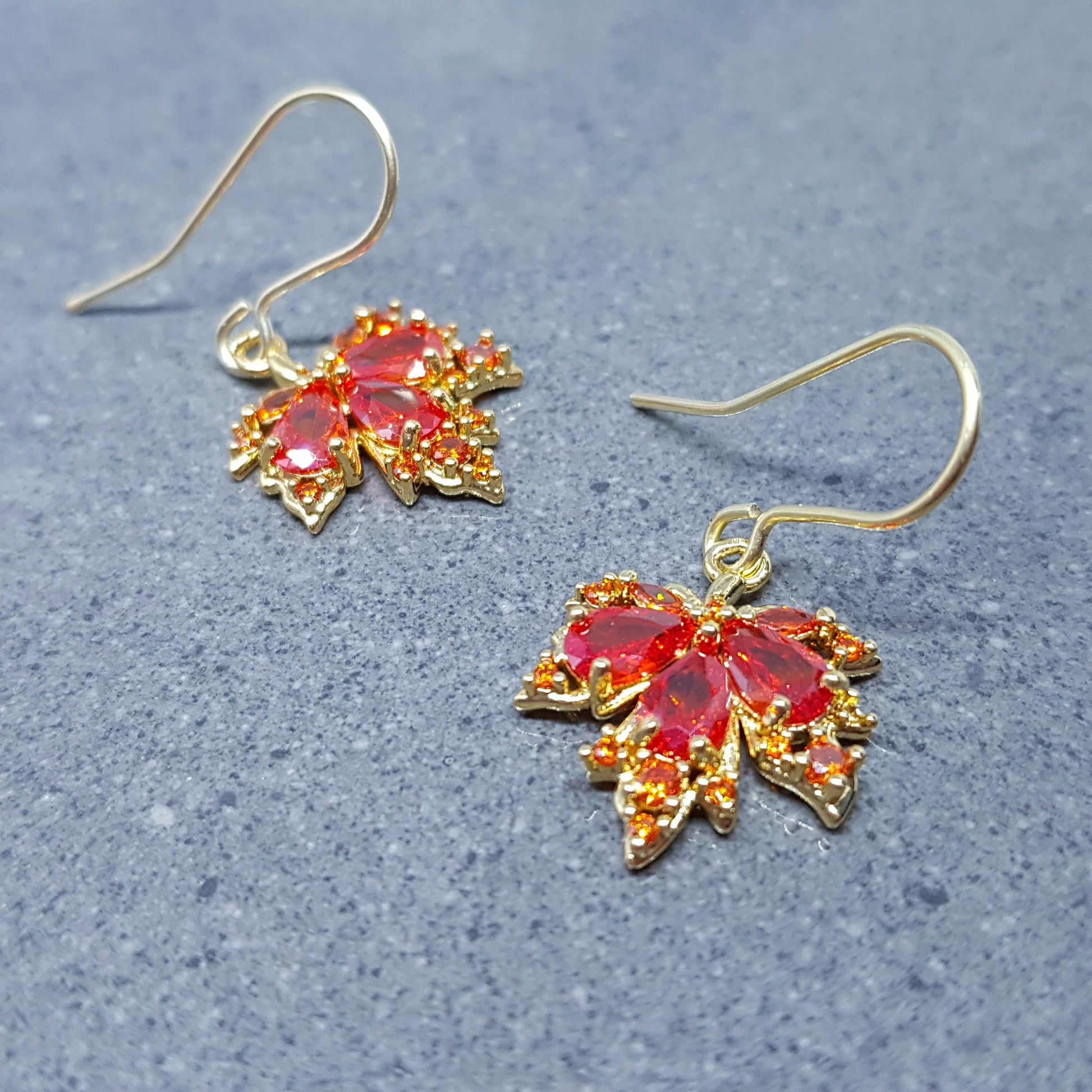 Maple Leaf Earrings with a Choice of Ear Wires: Burnt Orange Brass Micro Pave Cubic Zirconia, Real 18K Gold Plated