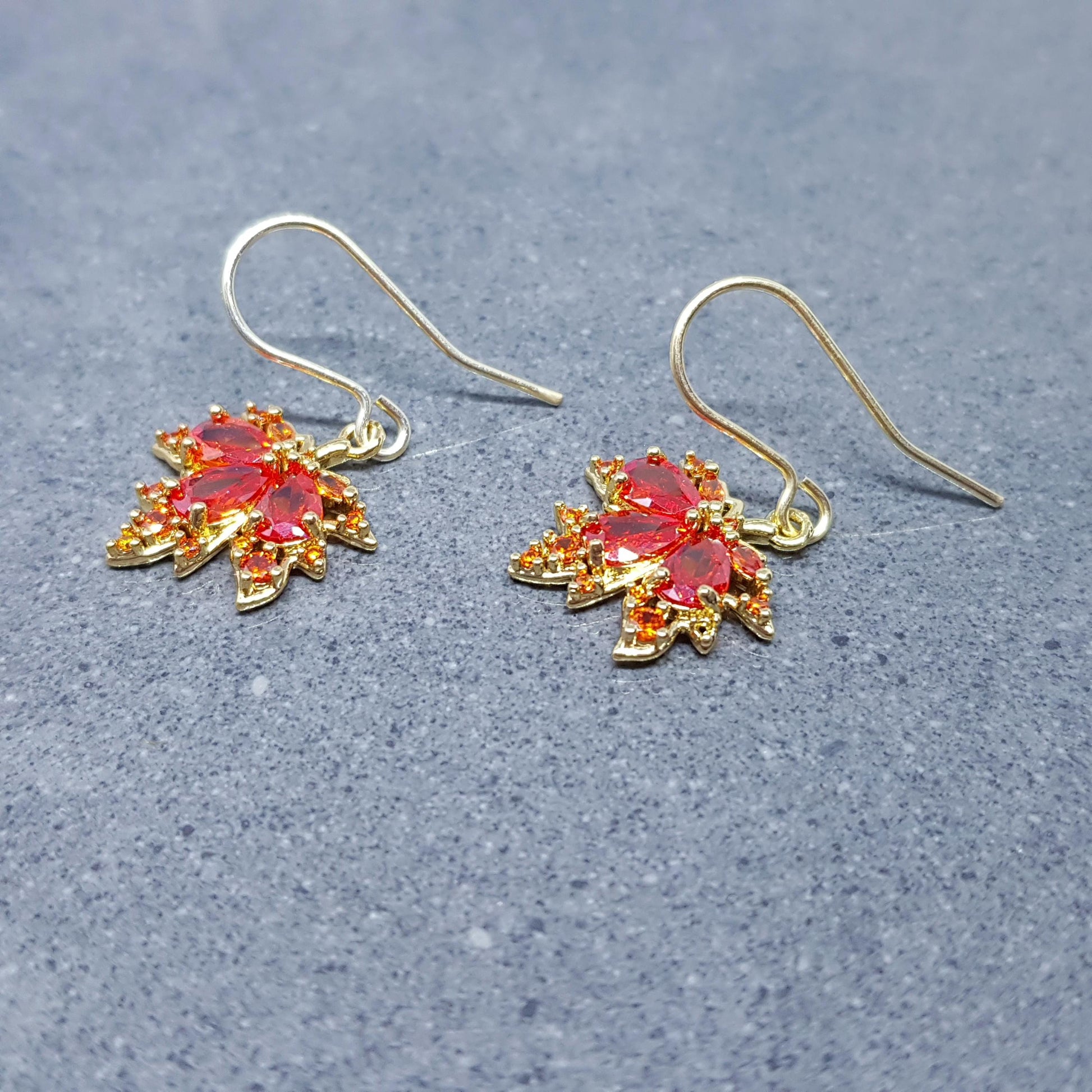 Maple Leaf Earrings with a Choice of Ear Wires: Burnt Orange Brass Micro Pave Cubic Zirconia, Real 18K Gold Plated