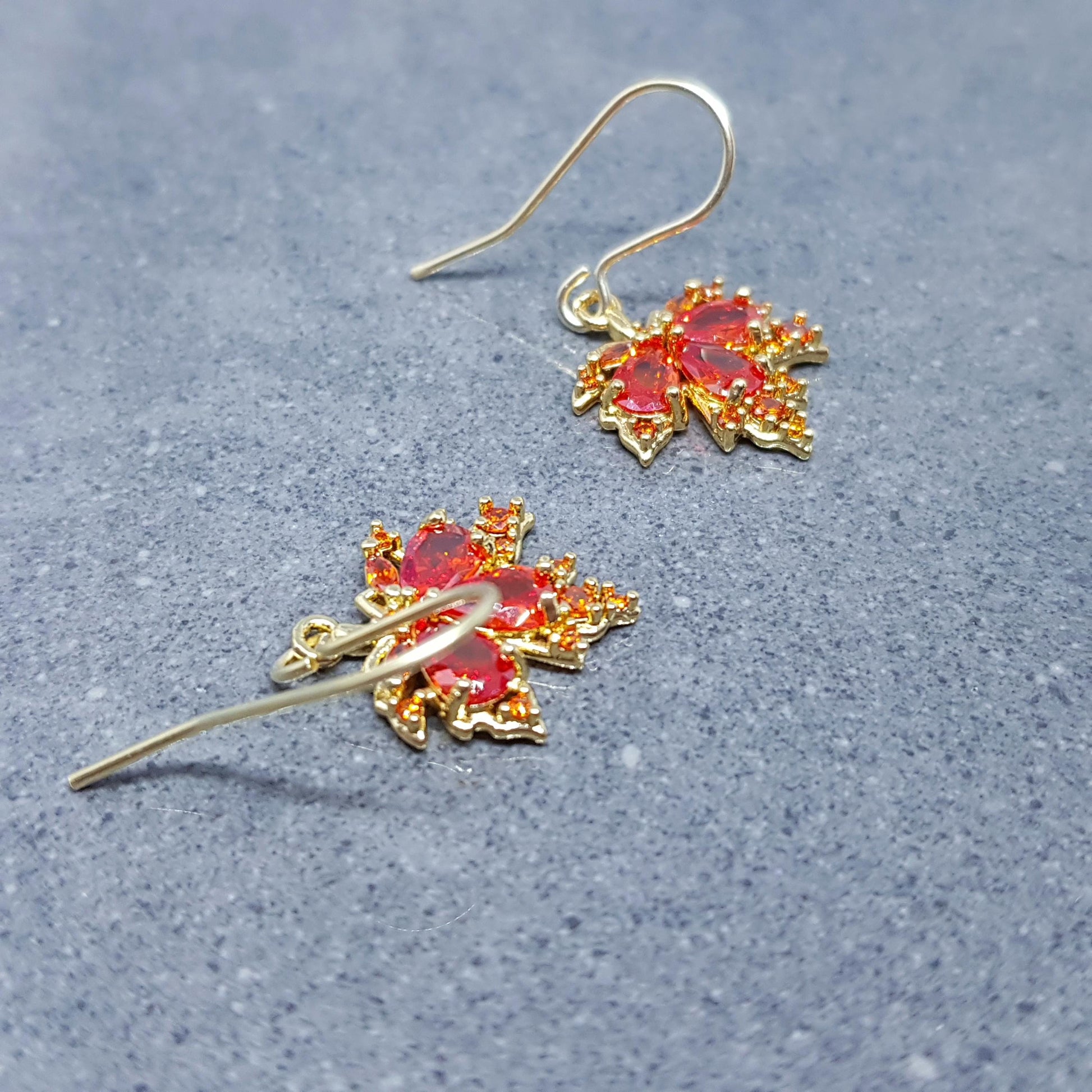 Maple Leaf Earrings with a Choice of Ear Wires: Burnt Orange Brass Micro Pave Cubic Zirconia, Real 18K Gold Plated