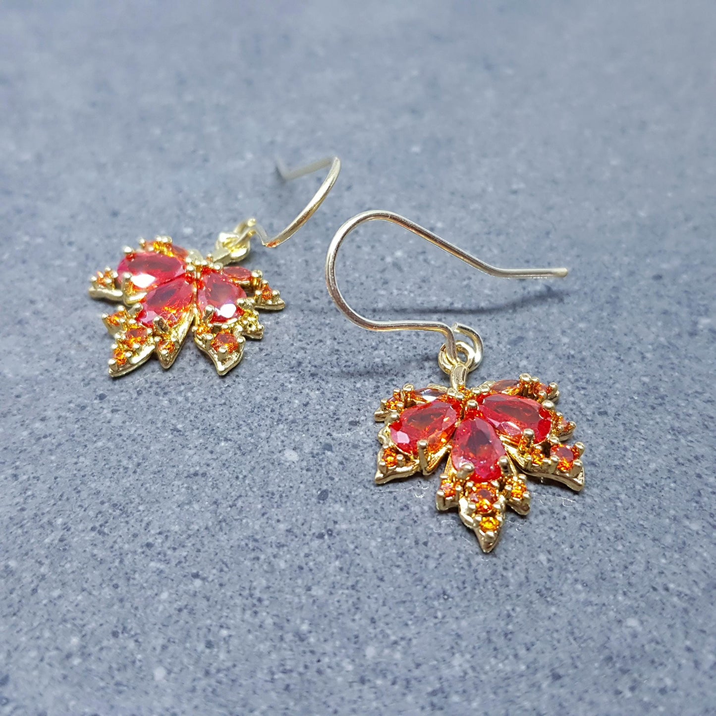 Maple Leaf Earrings with a Choice of Ear Wires: Burnt Orange Brass Micro Pave Cubic Zirconia, Real 18K Gold Plated