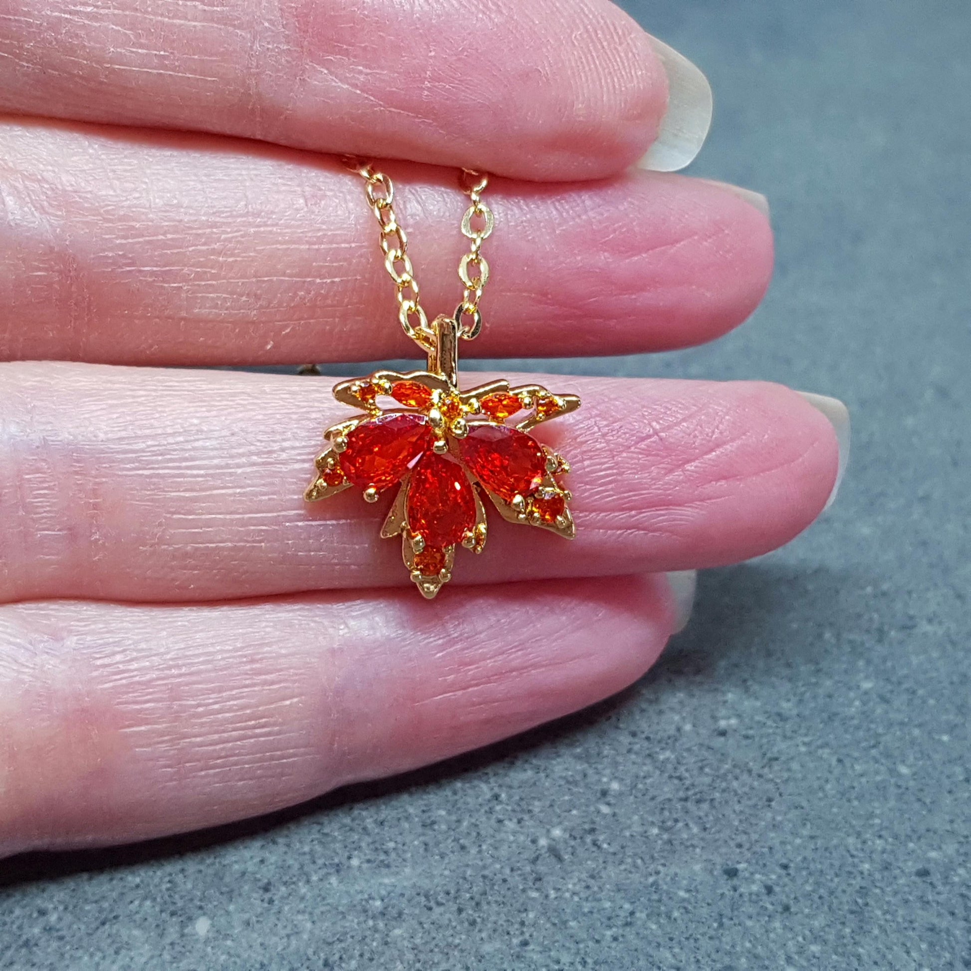 Maple Leaf Necklace with a Choice of Ear Wires: Burnt Orange Brass Micro Pave Cubic Zirconia, Real 18K Gold Plated
