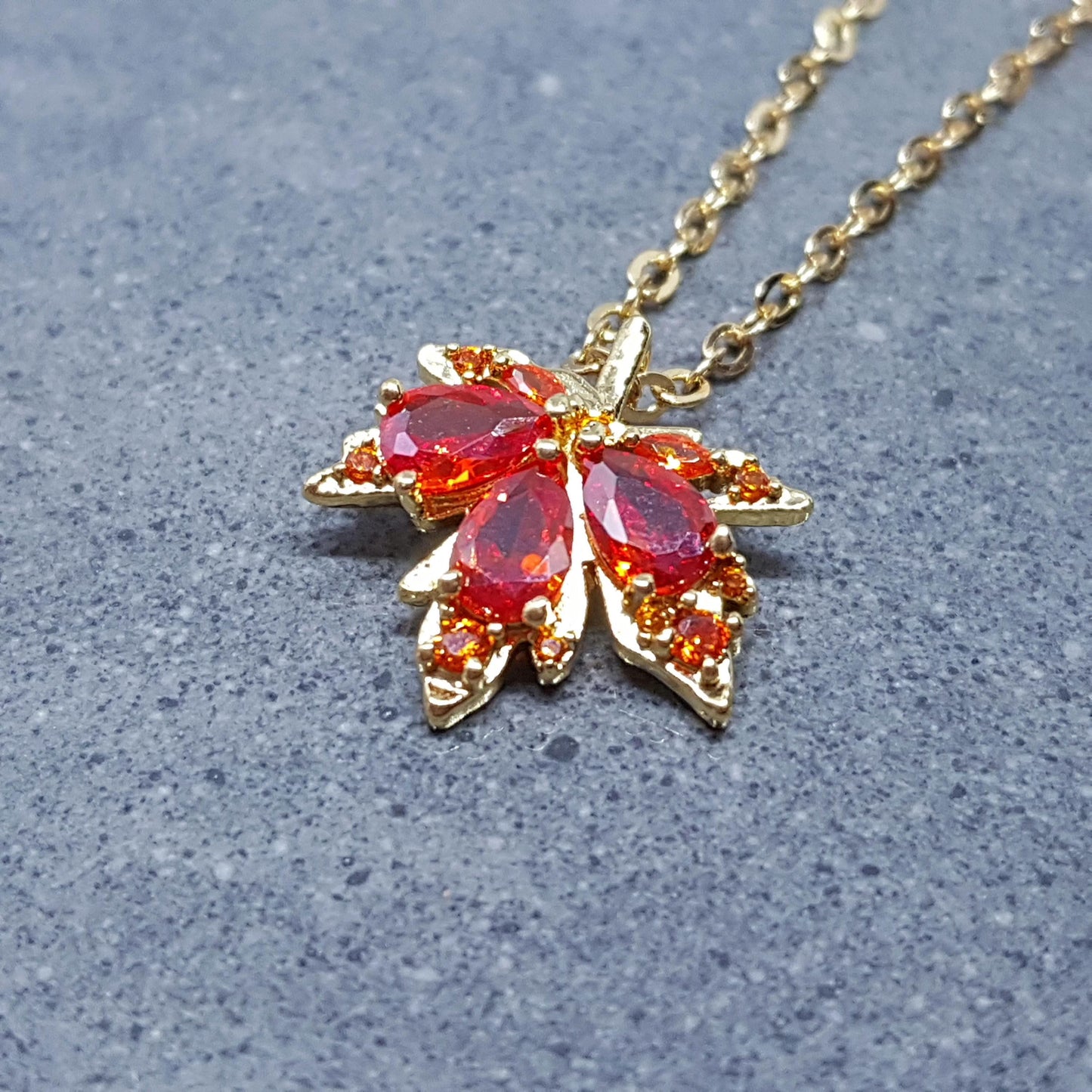 Maple Leaf Necklace with a Choice of Ear Wires: Burnt Orange Brass Micro Pave Cubic Zirconia, Real 18K Gold Plated
