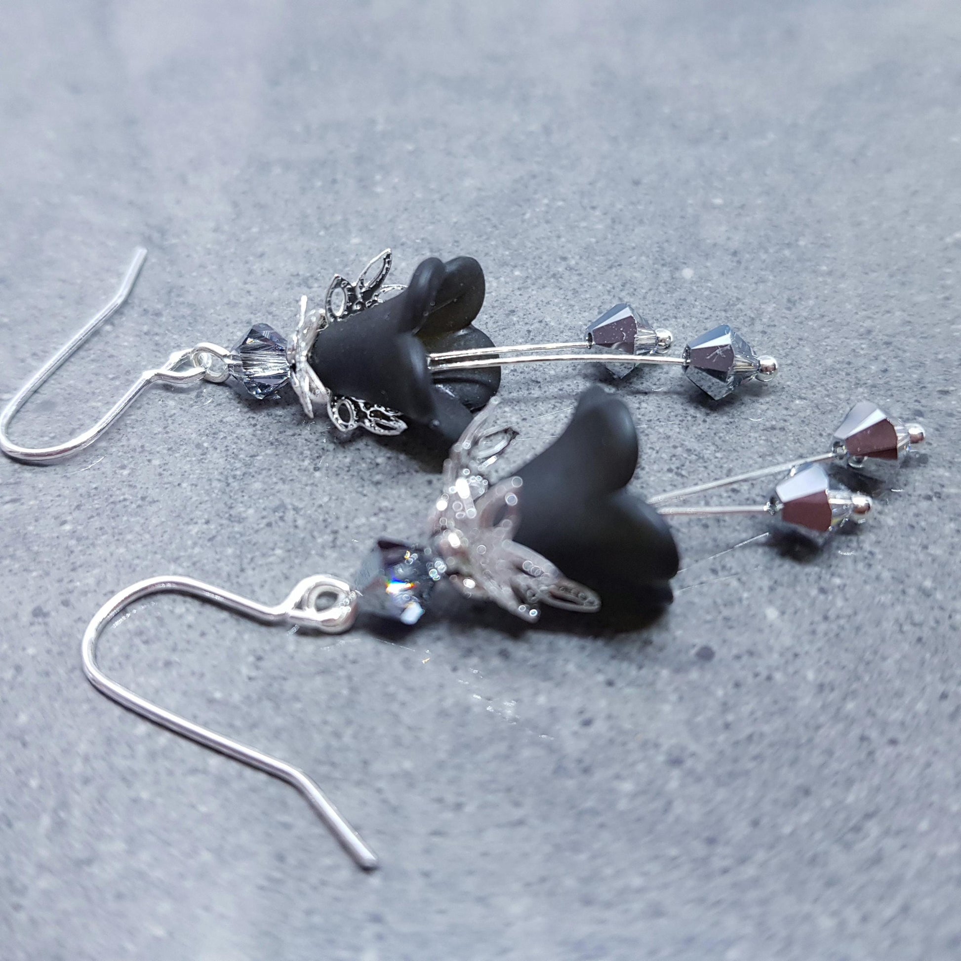 Black Flower Earrings with a choice of ear wires, Chrome PRIMERO Crystals®