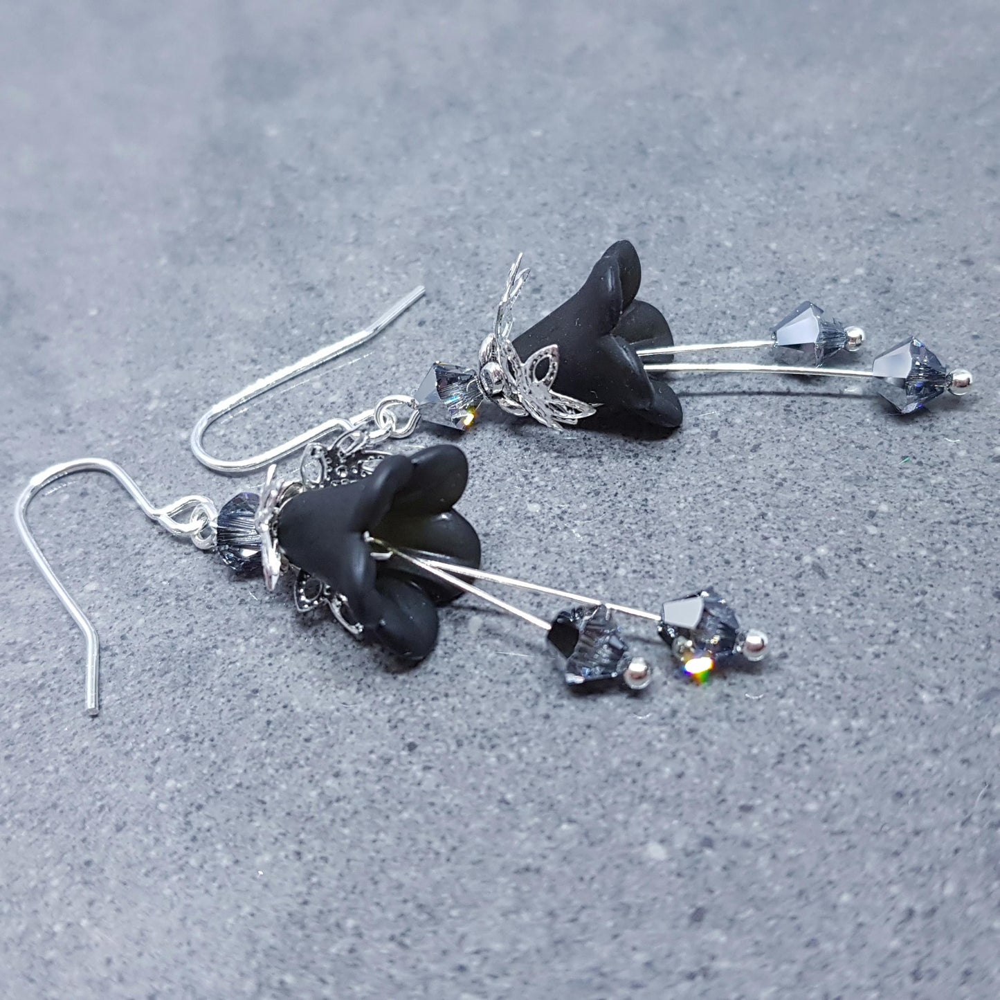 Black Flower Earrings with a choice of ear wires, Chrome PRIMERO Crystals®