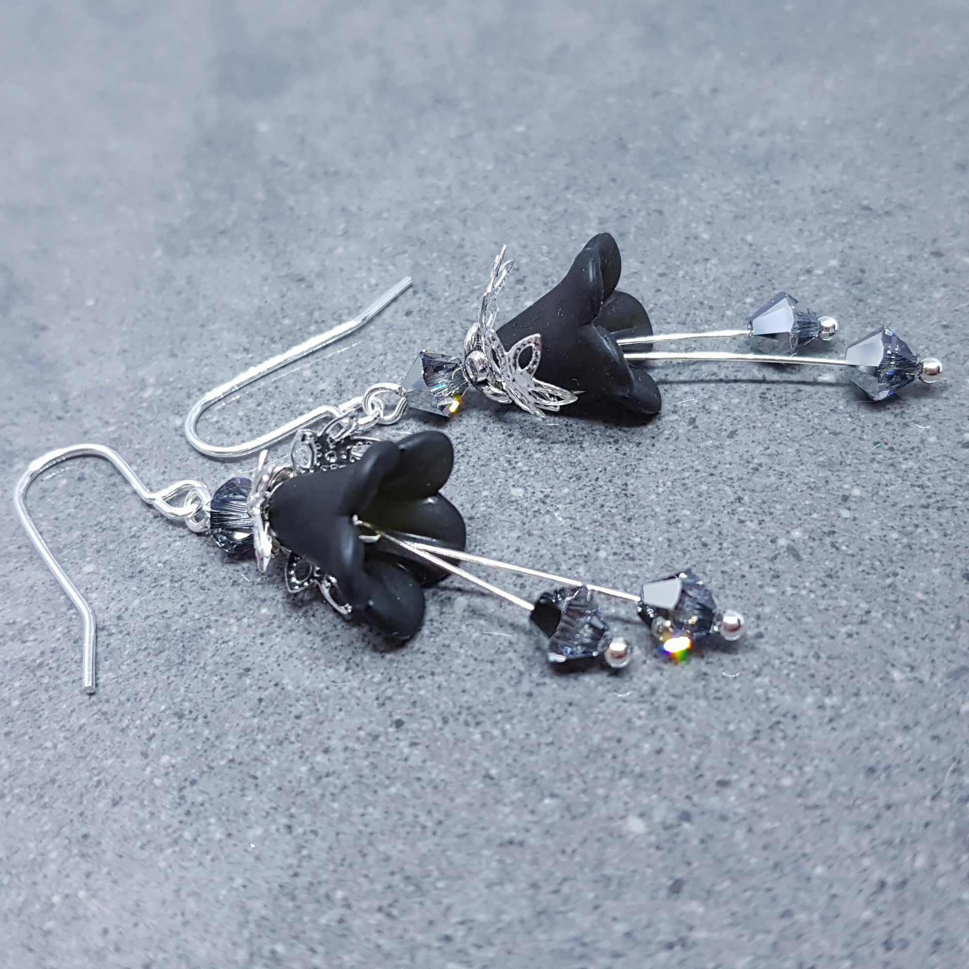 Black Flower Earrings with a choice of ear wires, Chrome PRIMERO Crystals®
