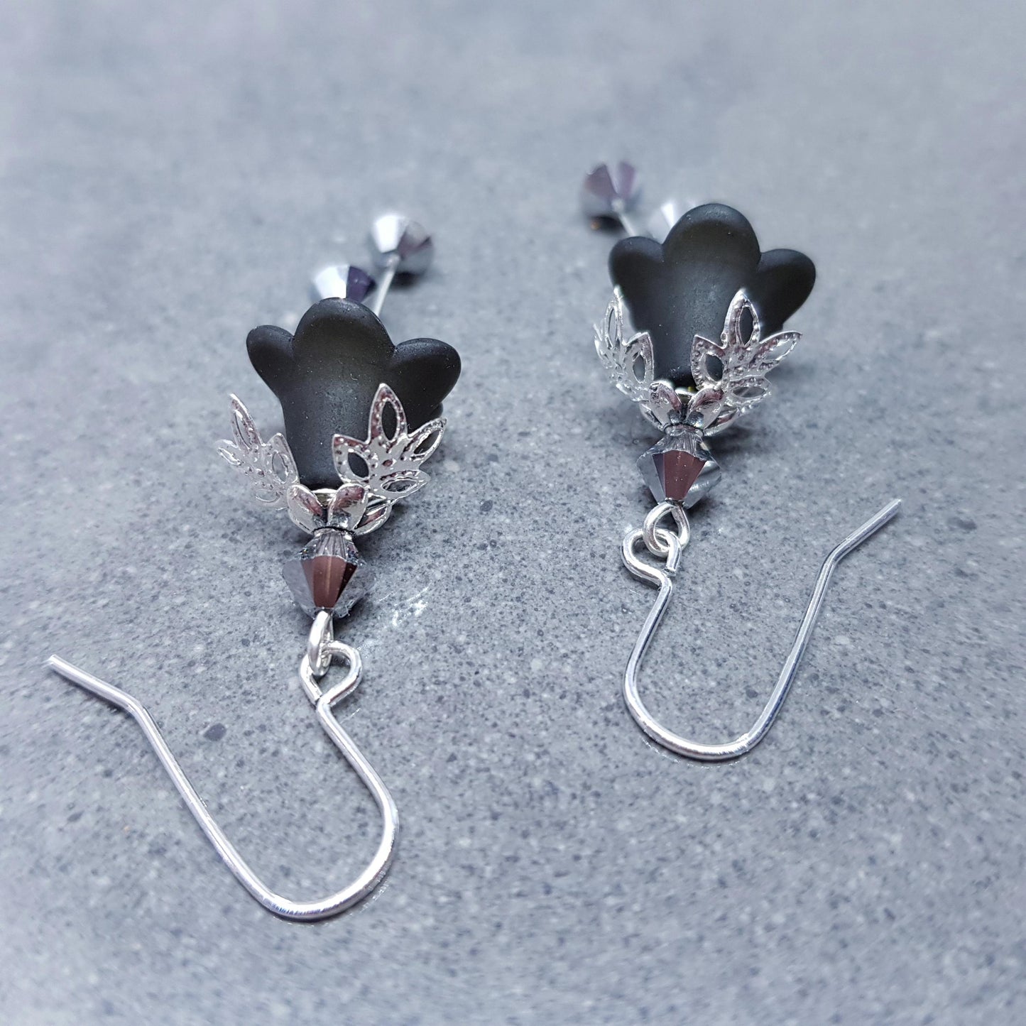 Black Flower Earrings with a choice of ear wires, Chrome PRIMERO Crystals®