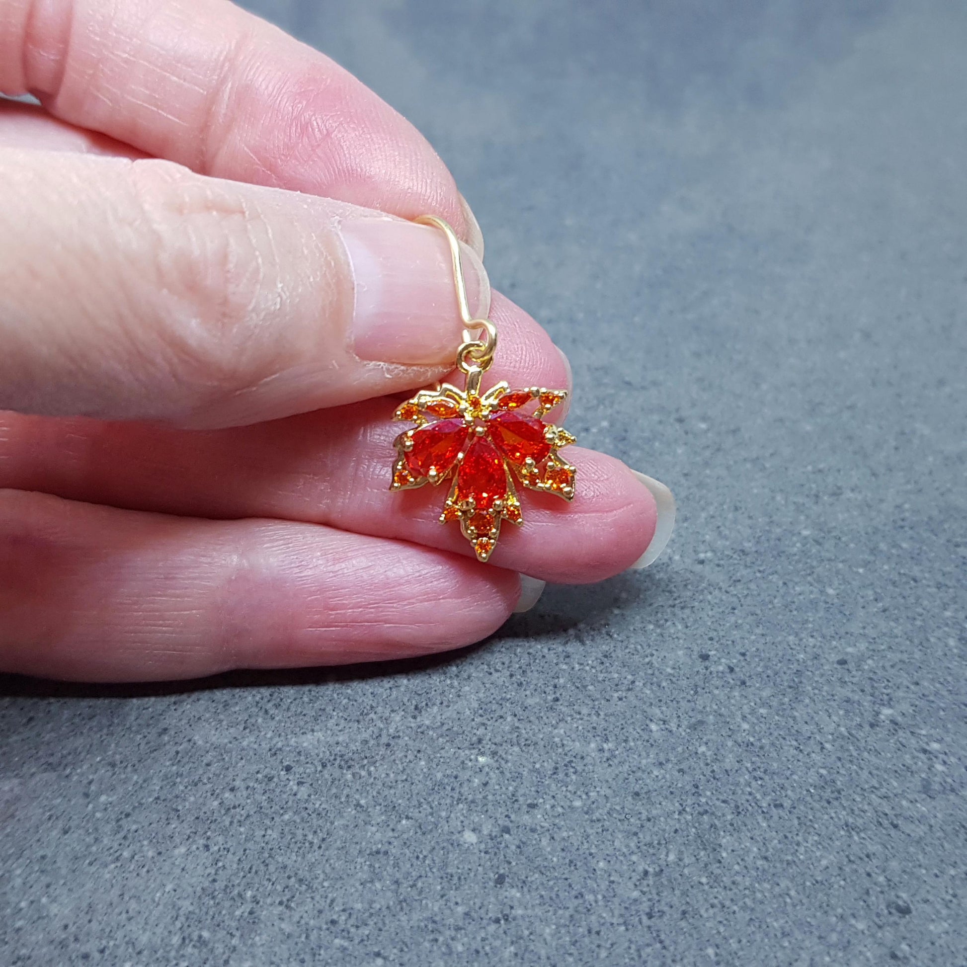 Maple Leaf Earrings with a Choice of Ear Wires: Burnt Orange Brass Micro Pave Cubic Zirconia, Real 18K Gold Plated