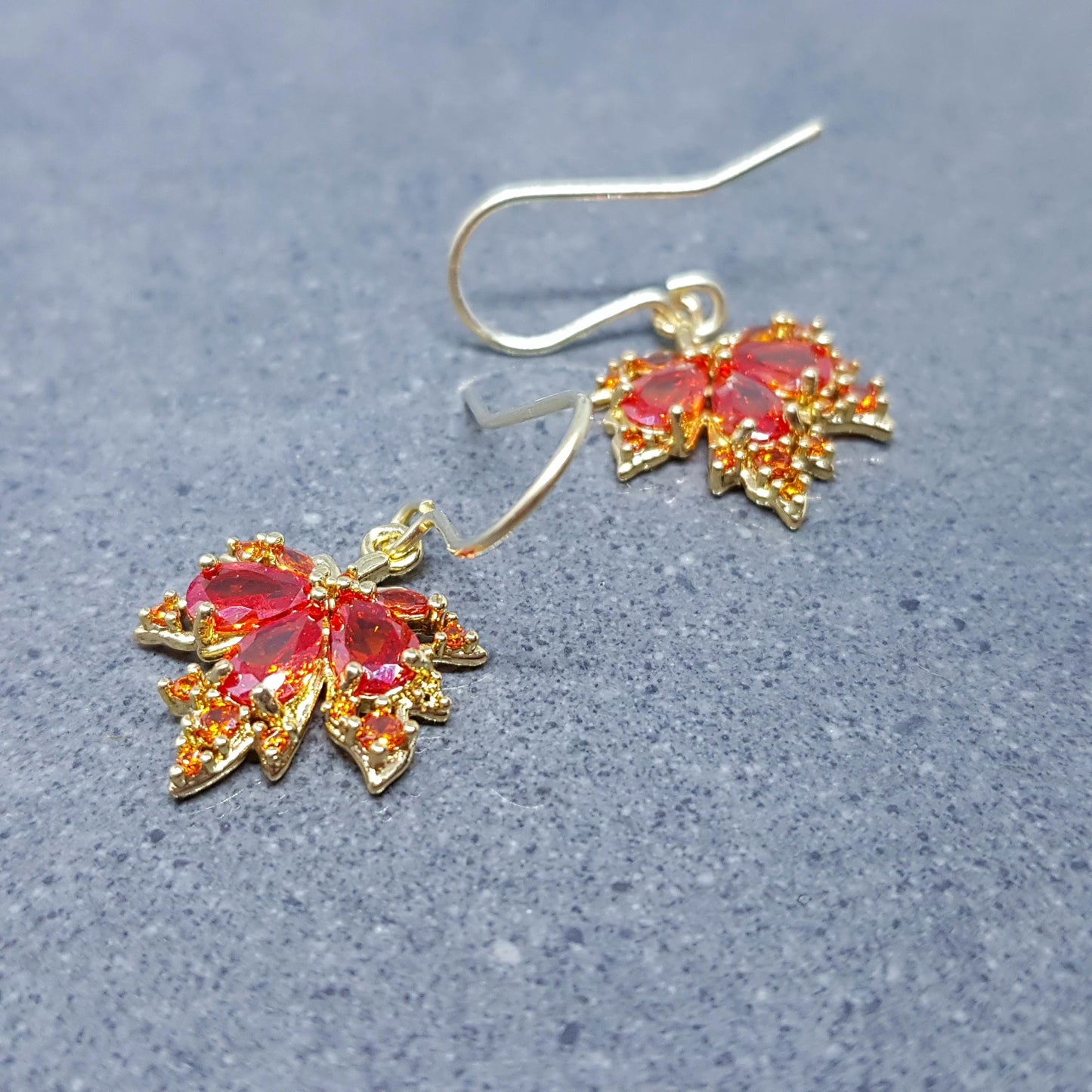 Maple Leaf Earrings with a Choice of Ear Wires: Burnt Orange Brass Micro Pave Cubic Zirconia, Real 18K Gold Plated